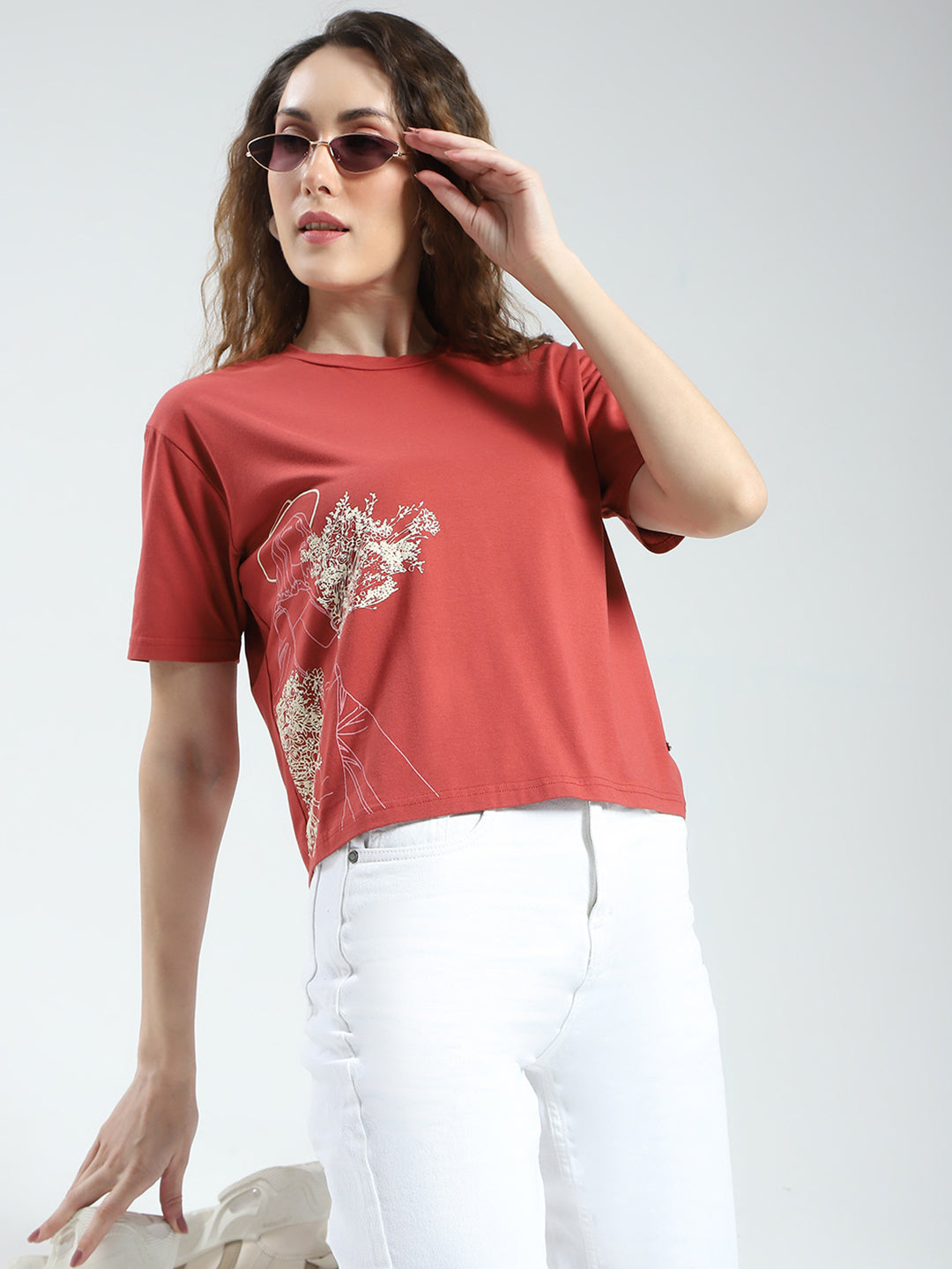 Women Rust Printed Round Neck Half Sleeve Top