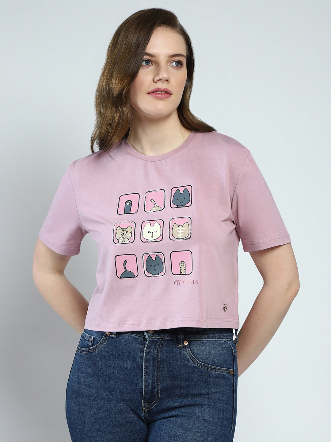 Women Pink Printed Round Neck Half Sleeve Top