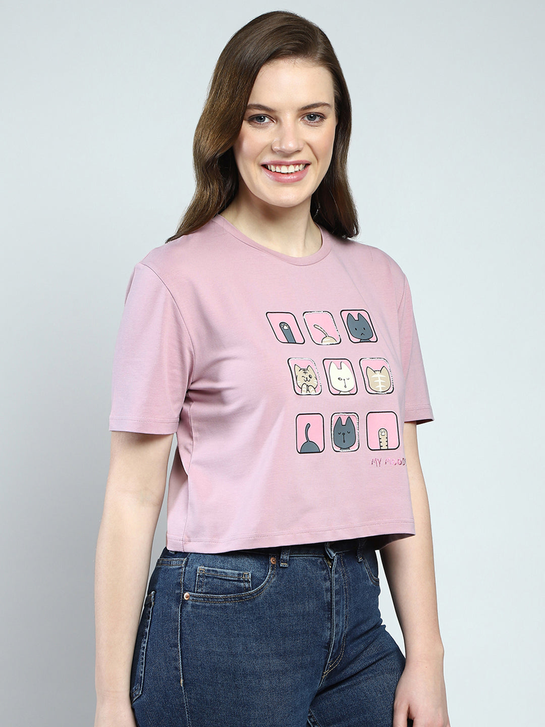 Women Pink Printed Round Neck Half Sleeve Top