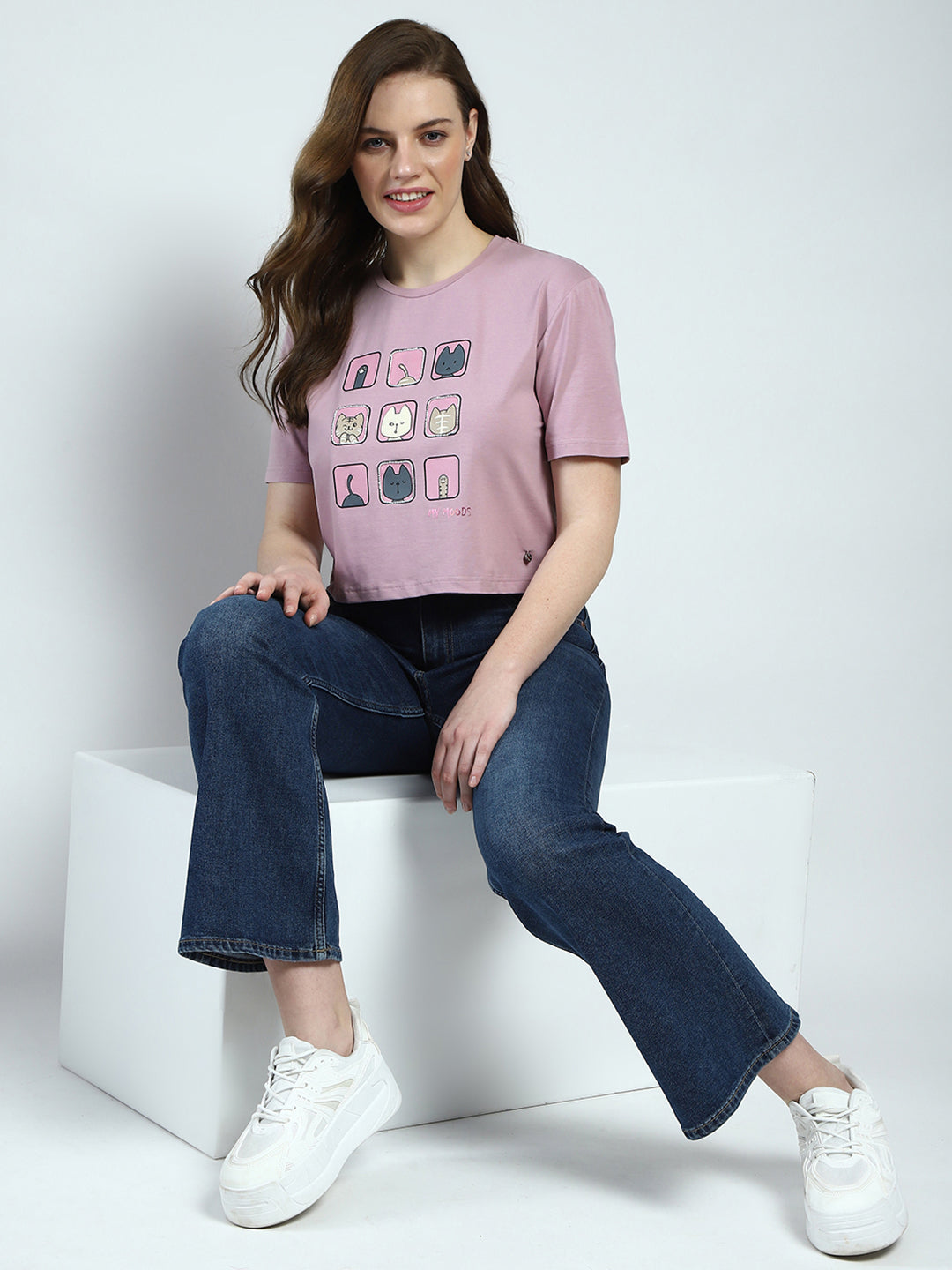 Women Pink Printed Round Neck Half Sleeve Top