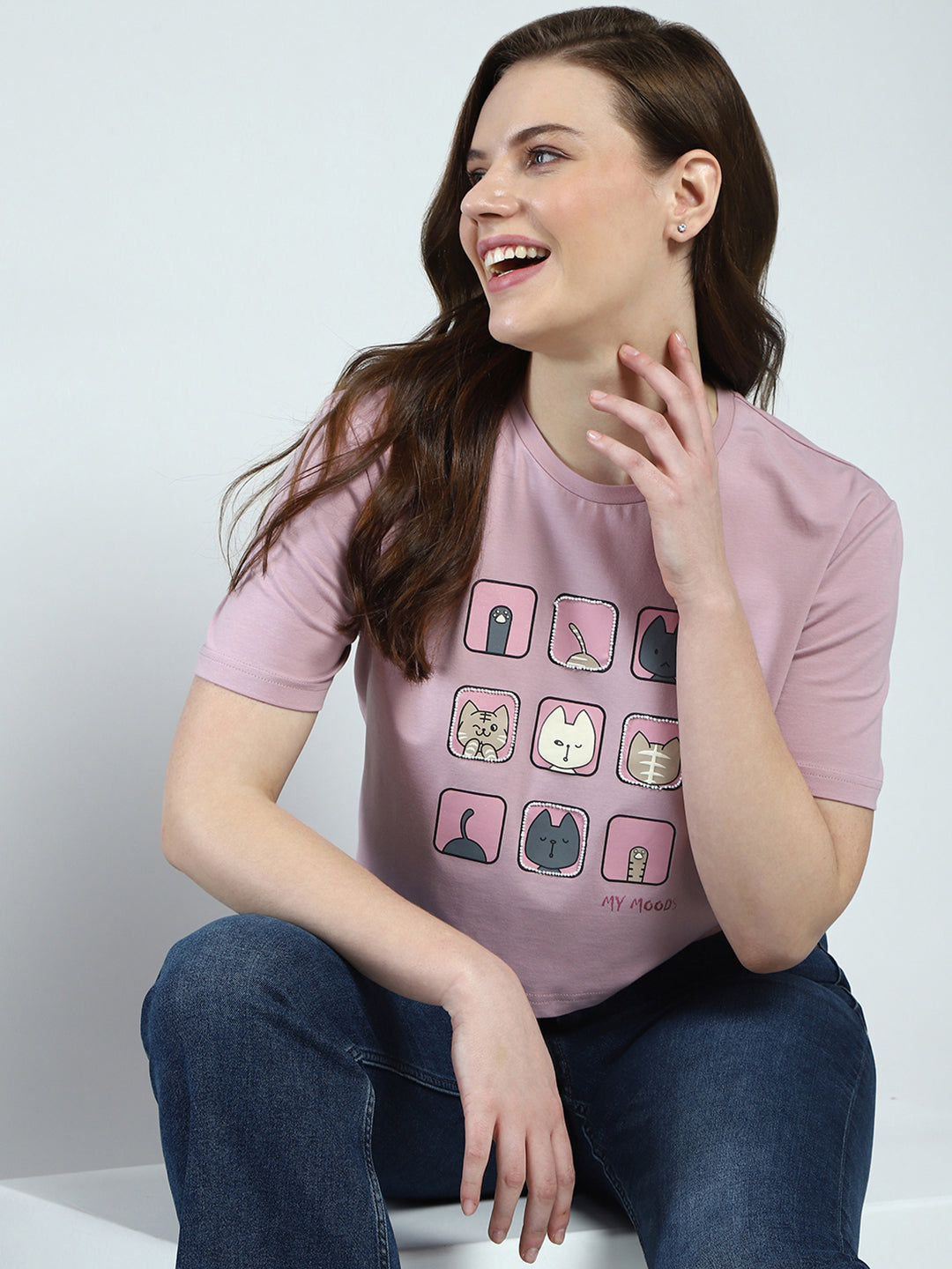 Women Pink Printed Round Neck Half Sleeve Top