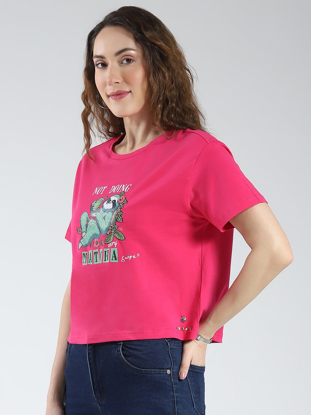 Women Magenta Printed Round Neck Half Sleeve Top