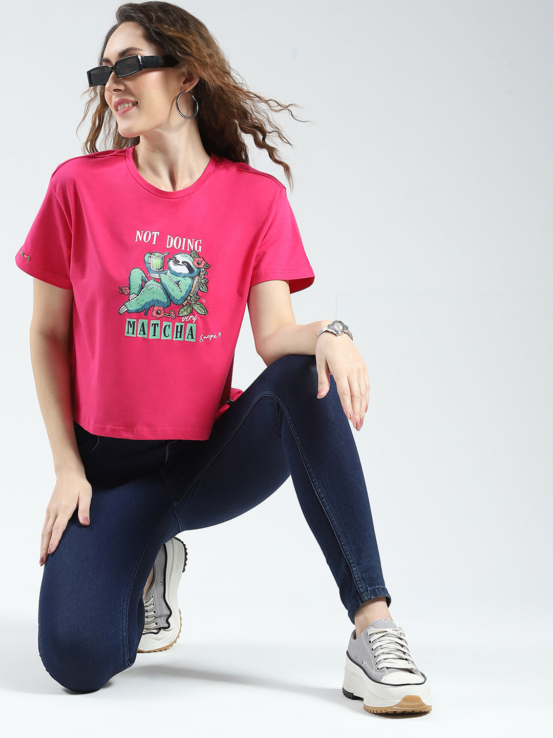 Women Magenta Printed Round Neck Half Sleeve Top