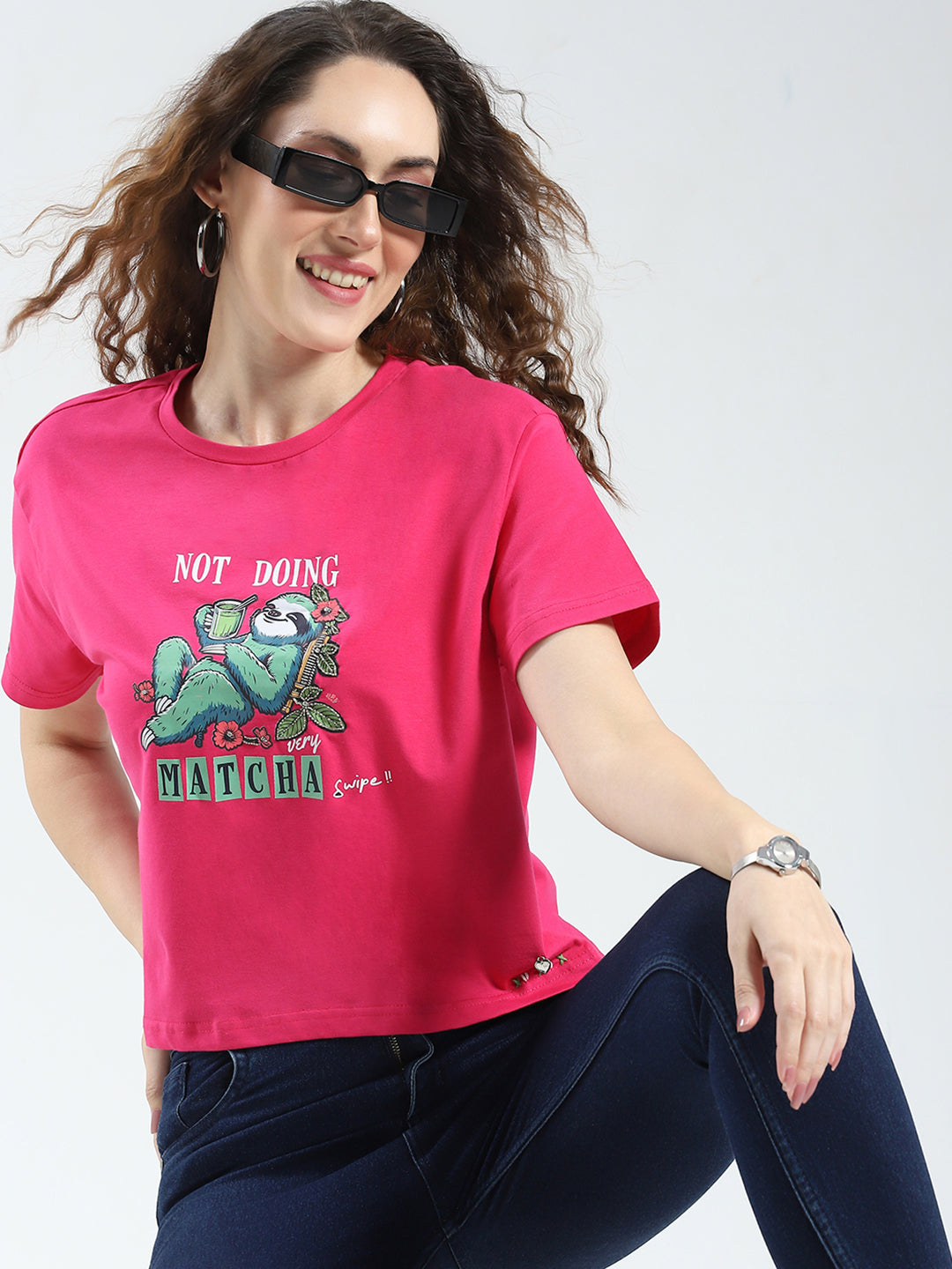 Women Magenta Printed Round Neck Half Sleeve Top