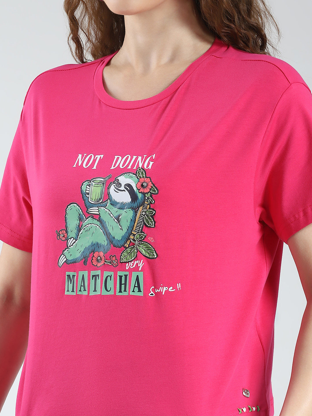 Women Magenta Printed Round Neck Half Sleeve Top