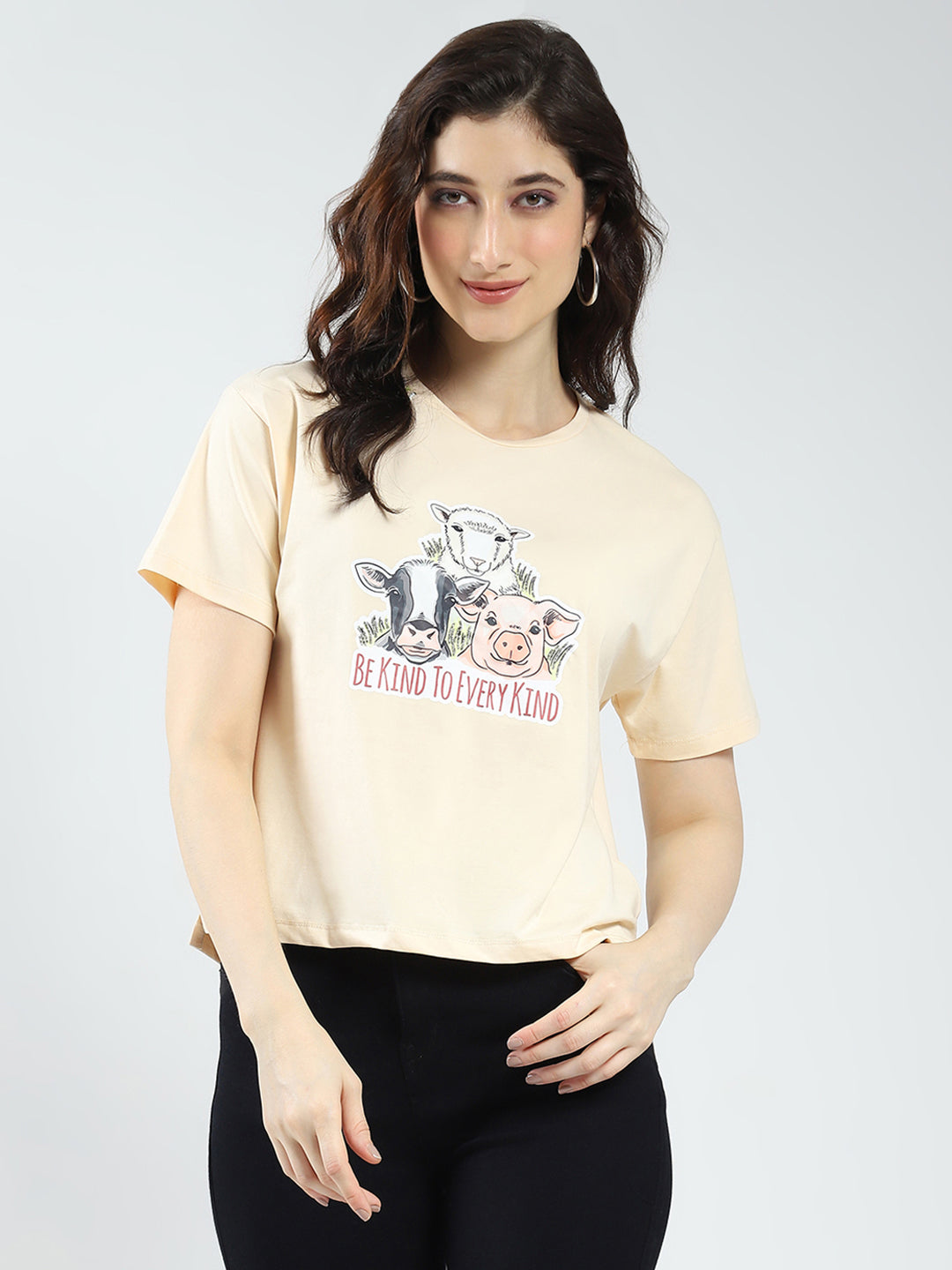 Women Beige Printed Round Neck Half Sleeve Top