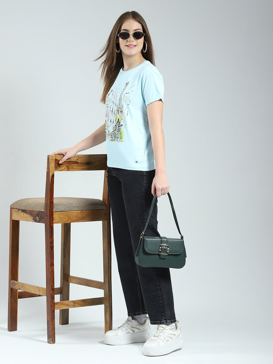 Women Blue Printed Round Neck Half Sleeve Top