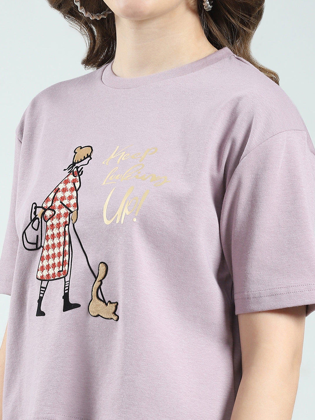 Women Purple Printed Round Neck Half Sleeve Top