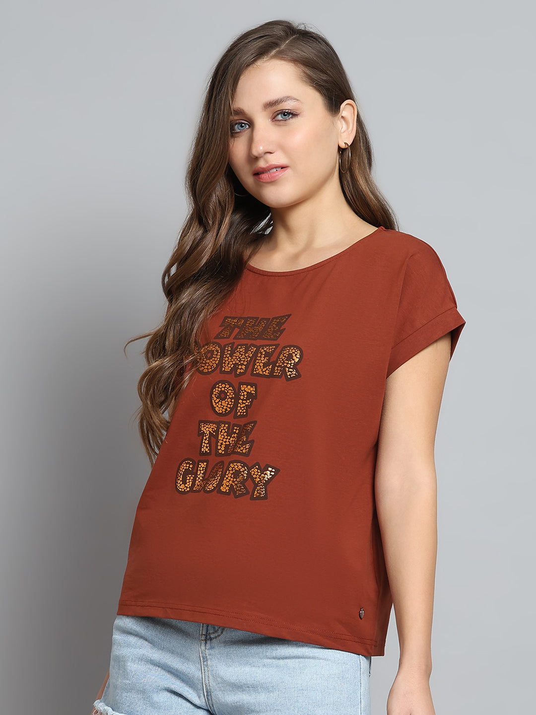 Women Brown Printed Round Neck Half Sleeve Top