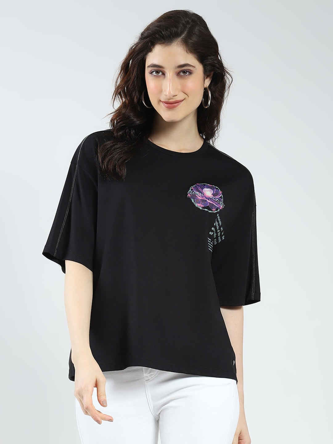 Women Black Printed Round Neck Half Sleeve Top