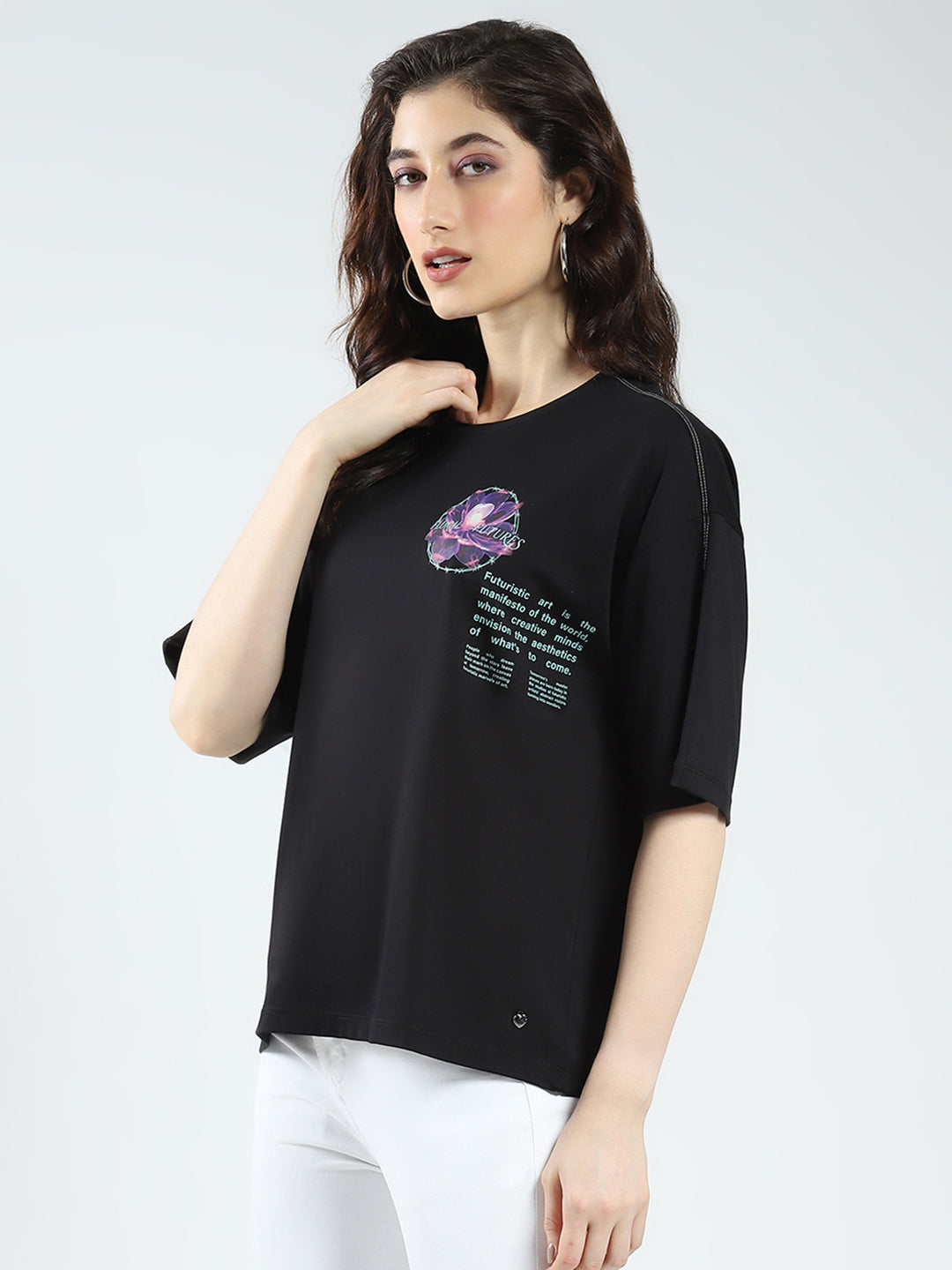 Women Black Printed Round Neck Half Sleeve Top