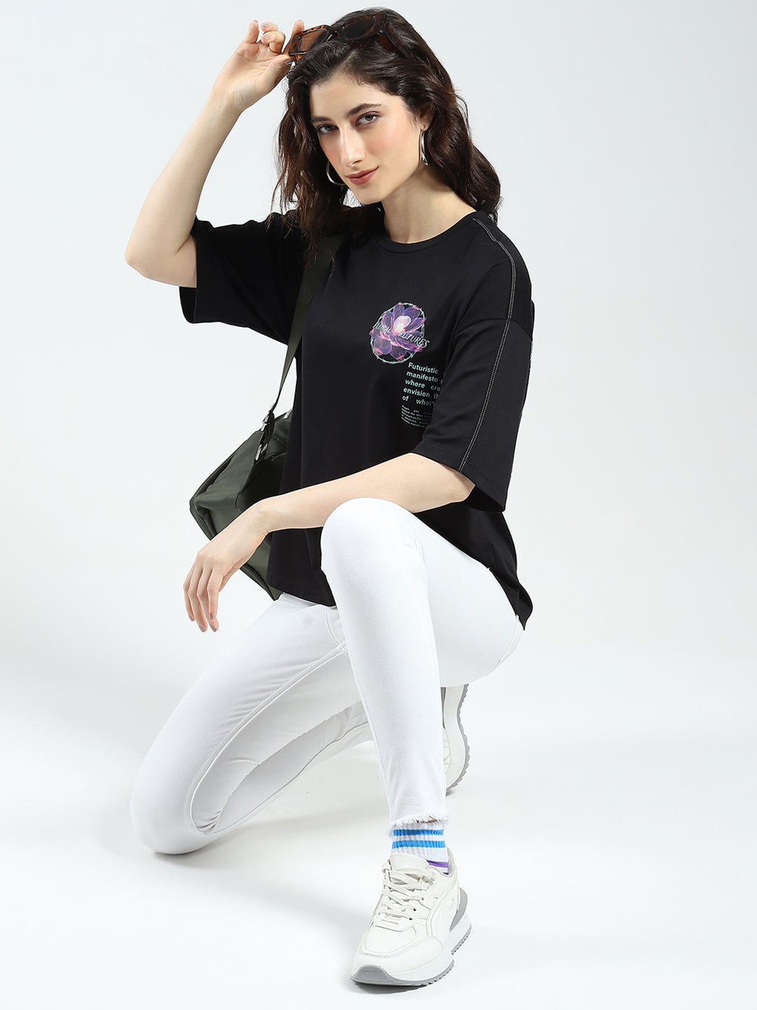 Women Black Printed Round Neck Half Sleeve Top