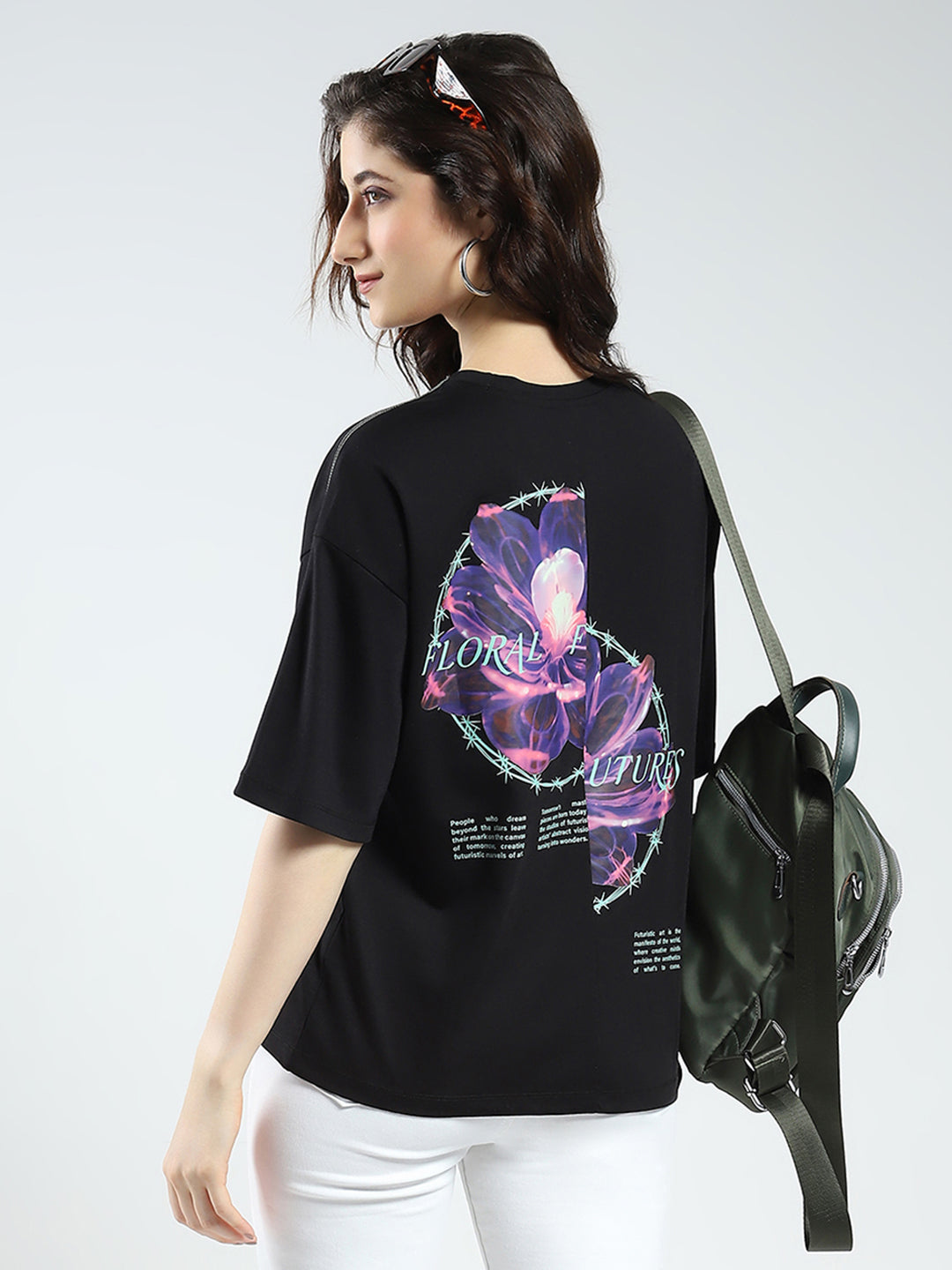 Women Black Printed Round Neck Half Sleeve Top