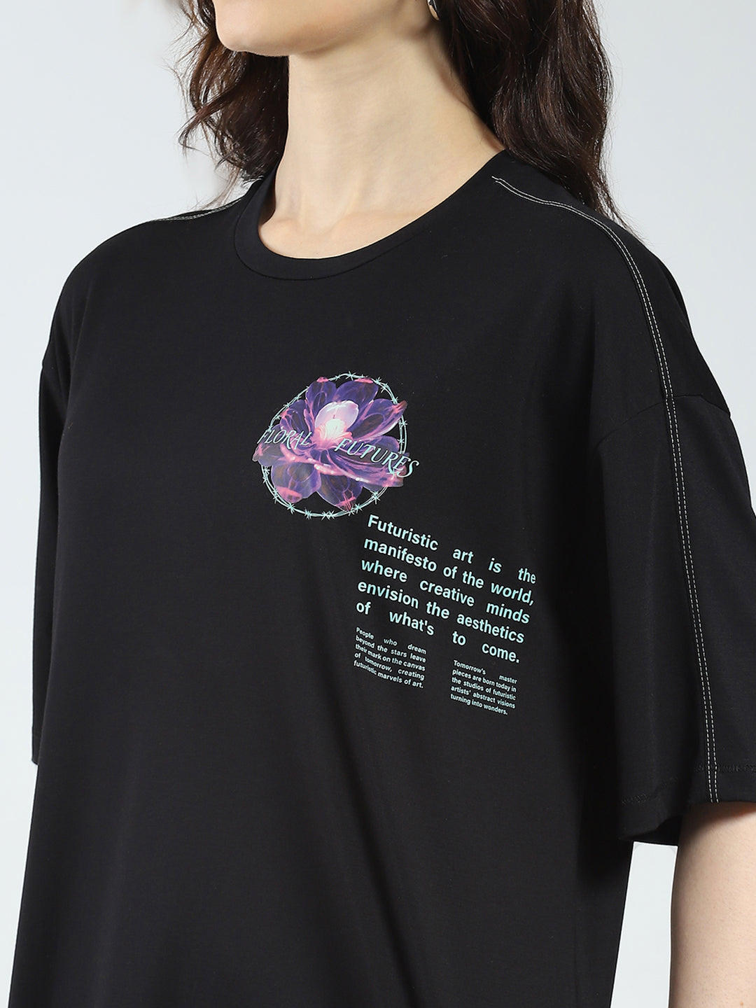 Women Black Printed Round Neck Half Sleeve Top