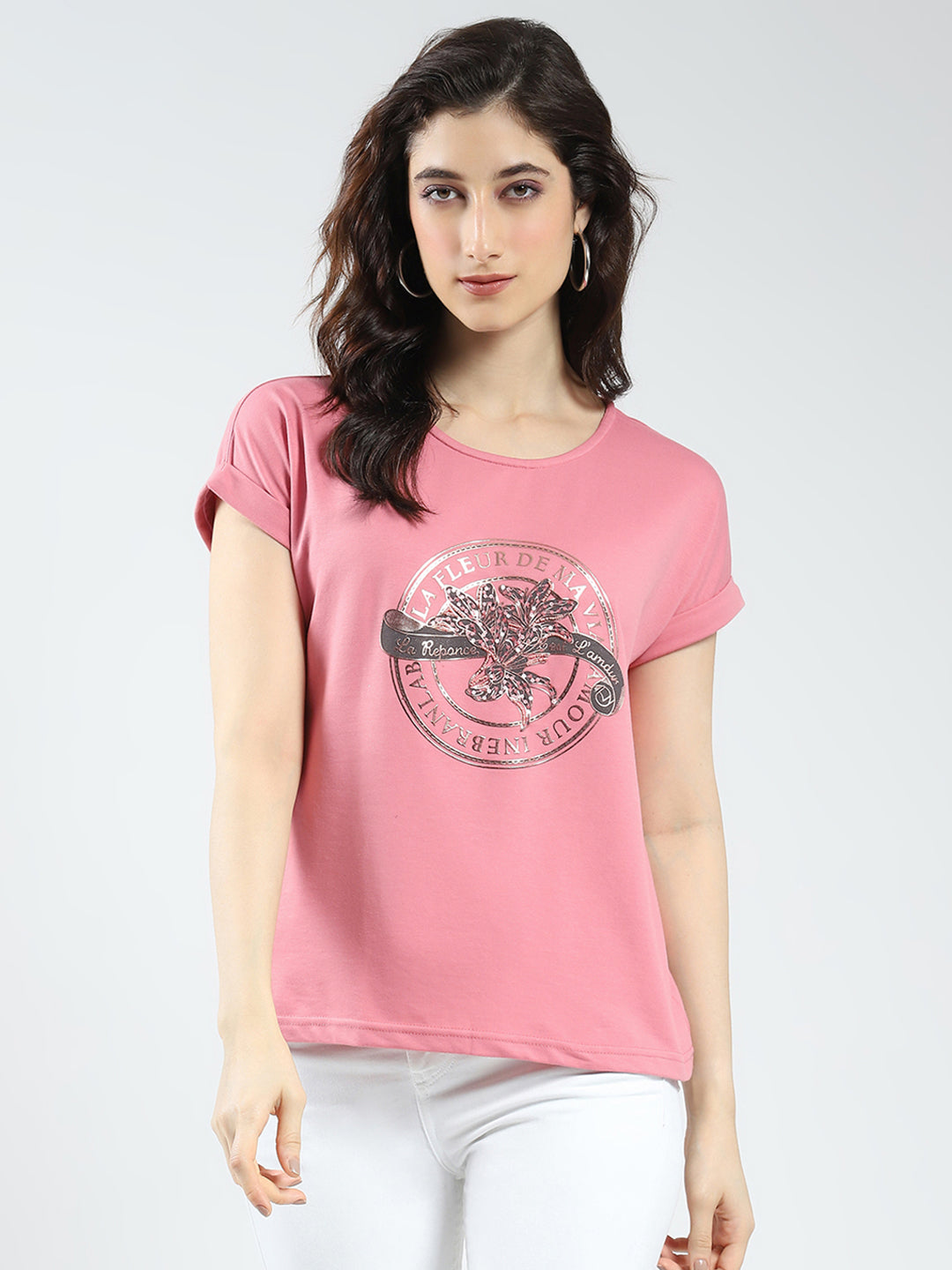 Women Pink Printed Round Neck Half Sleeve Top