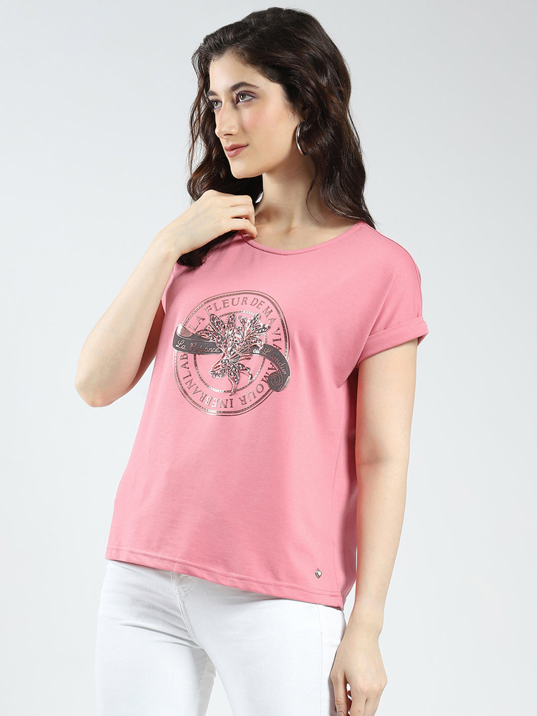 Women Pink Printed Round Neck Half Sleeve Top