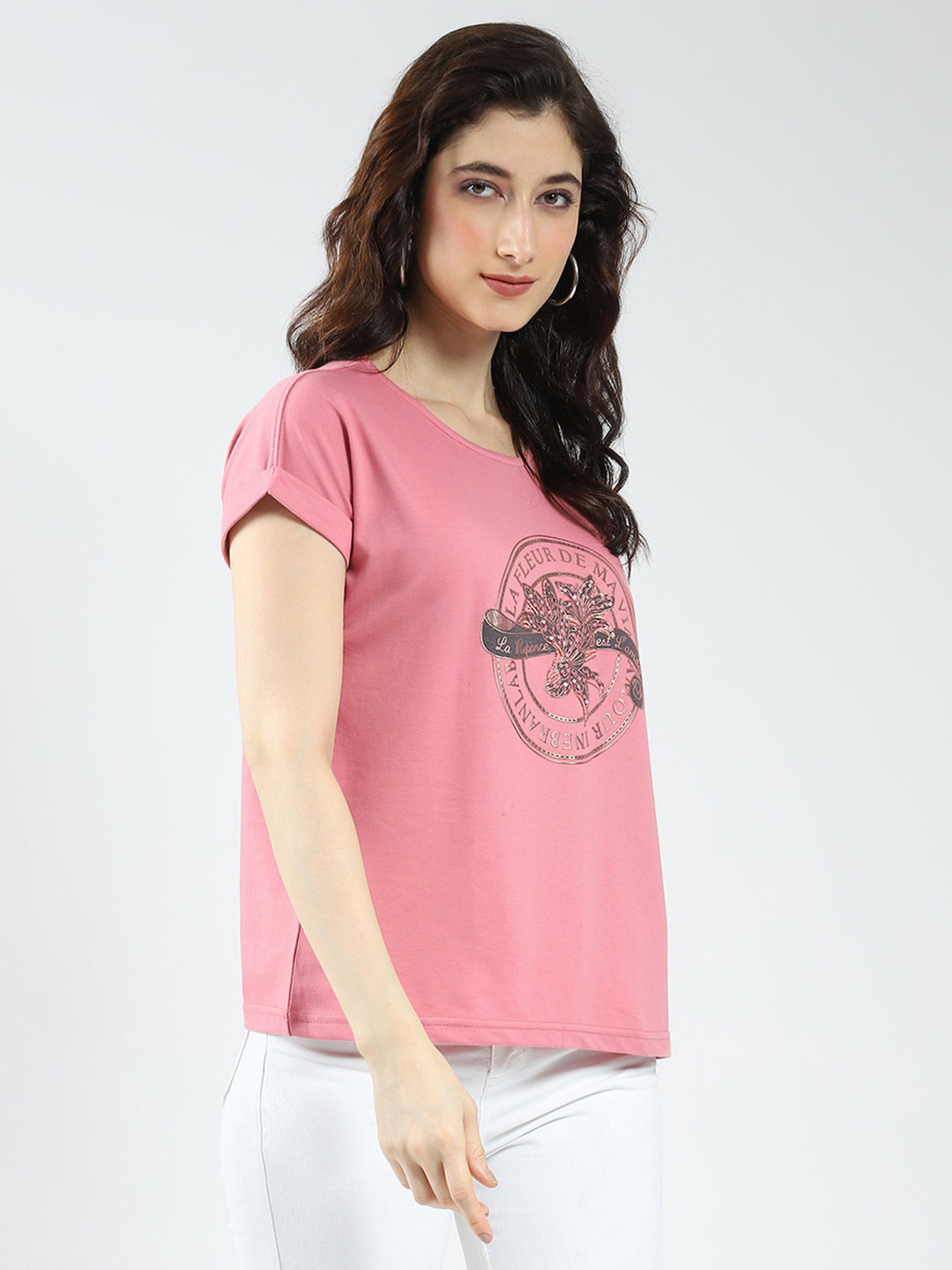 Women Pink Printed Round Neck Half Sleeve Top