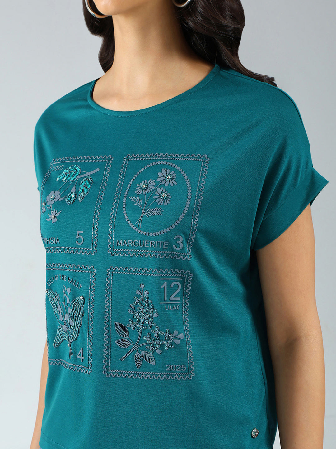 Women Teal Blue Printed Round Neck Half Sleeve Top