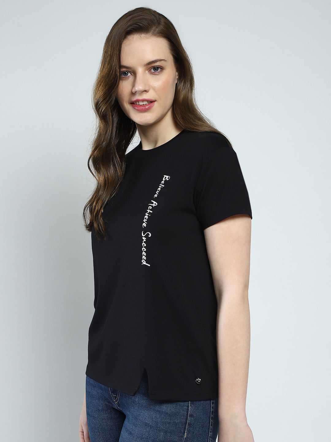 Women Black Printed Round Neck Half Sleeve Top