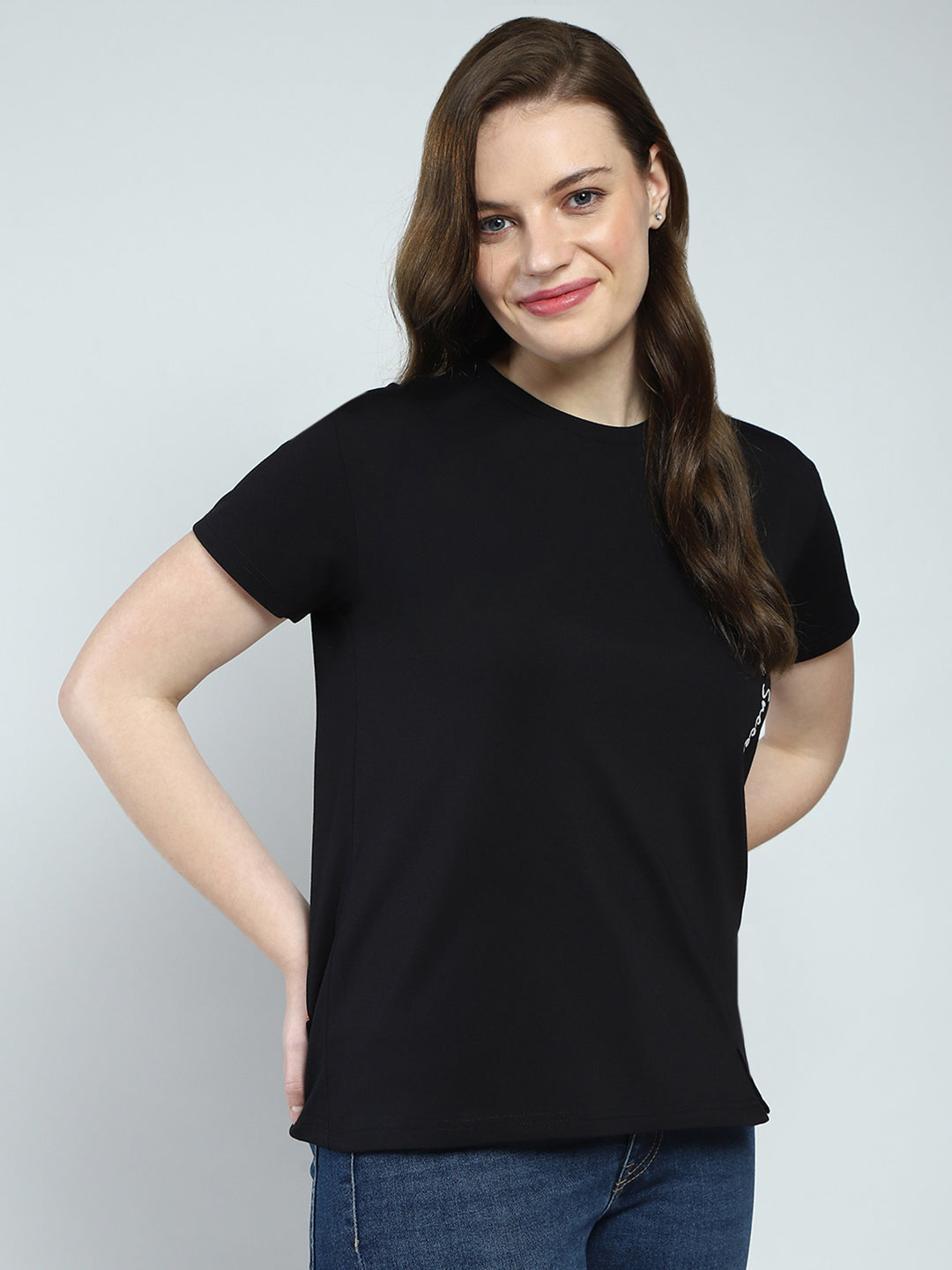 Women Black Printed Round Neck Half Sleeve Top