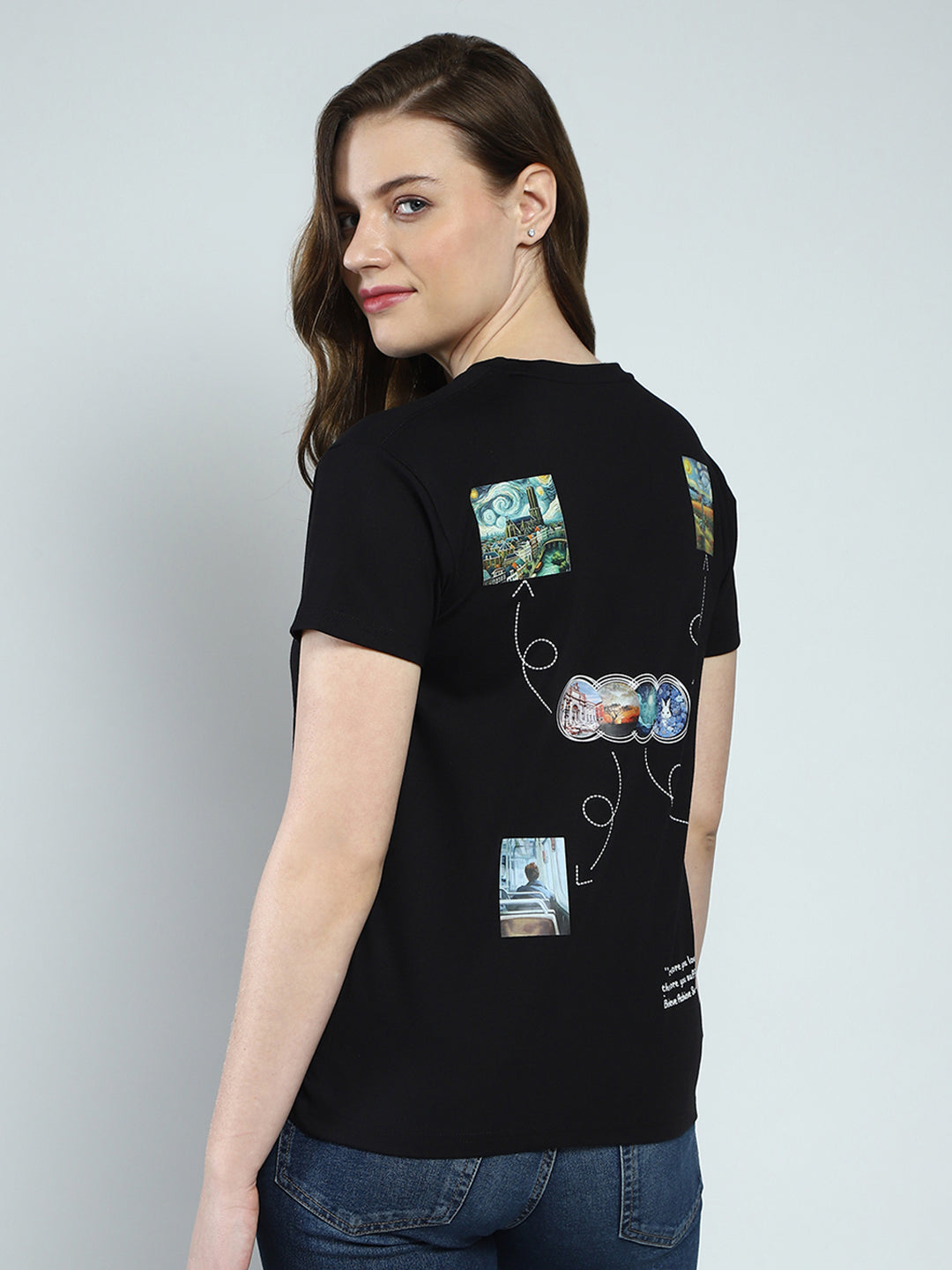 Women Black Printed Round Neck Half Sleeve Top