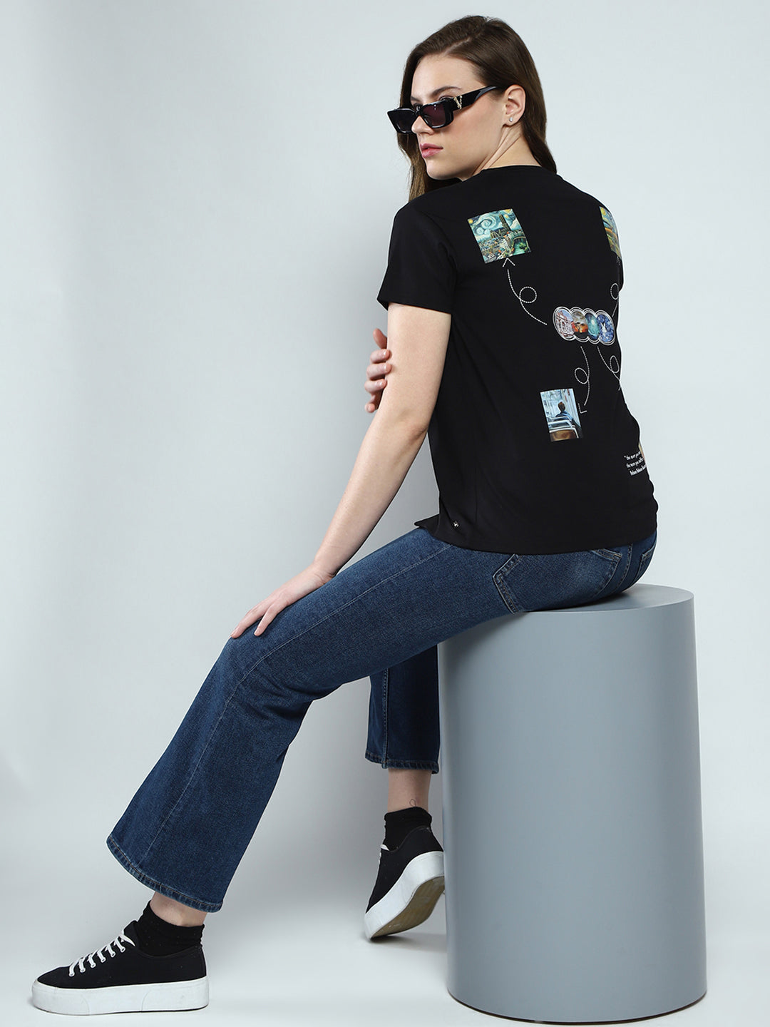 Women Black Printed Round Neck Half Sleeve Top