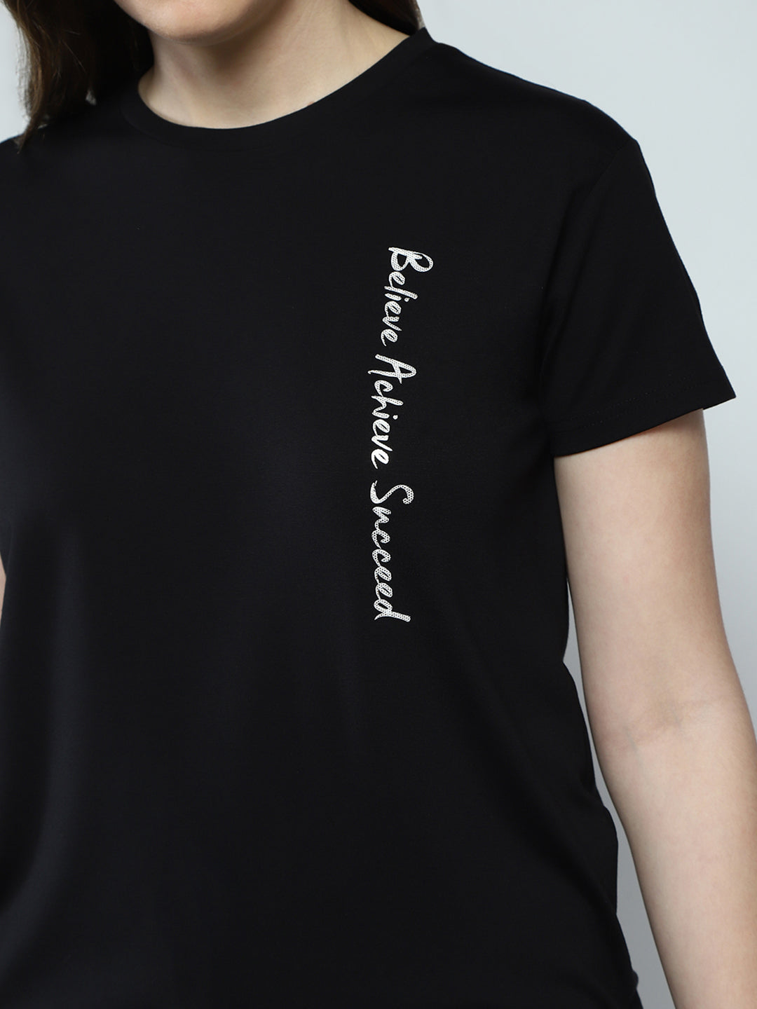 Women Black Printed Round Neck Half Sleeve Top