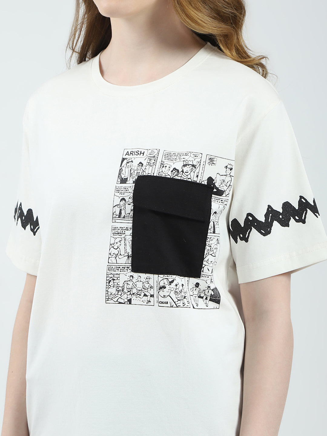 Women Off White Printed Round Neck Half Sleeve Top