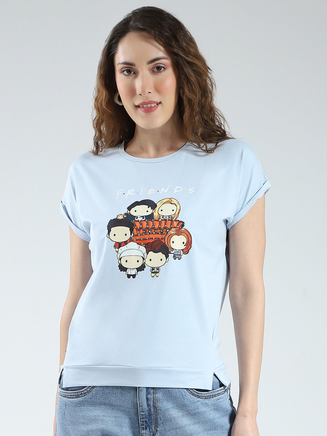 Women Blue Printed Round Neck Half Sleeve Top