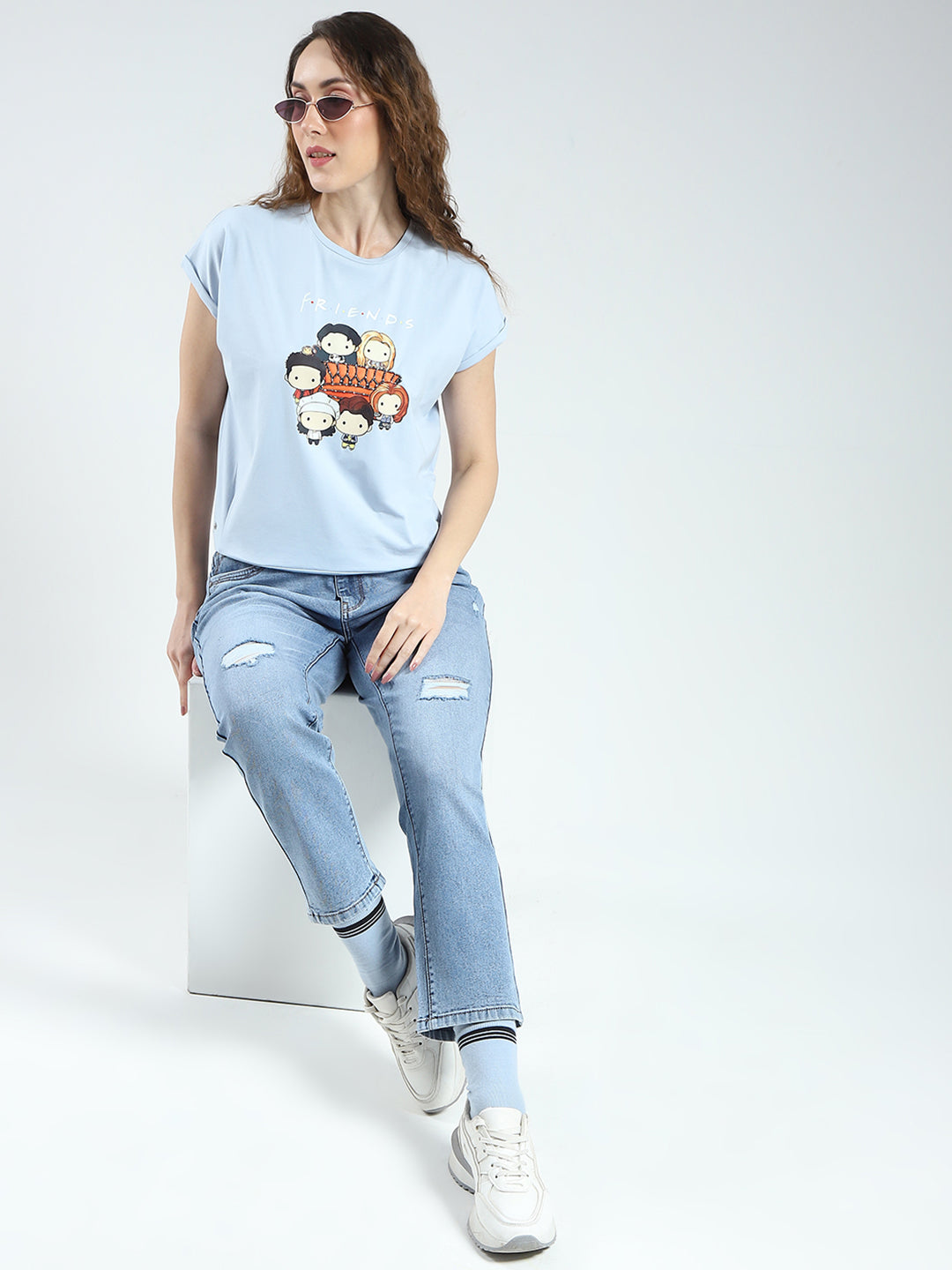 Women Blue Printed Round Neck Half Sleeve Top