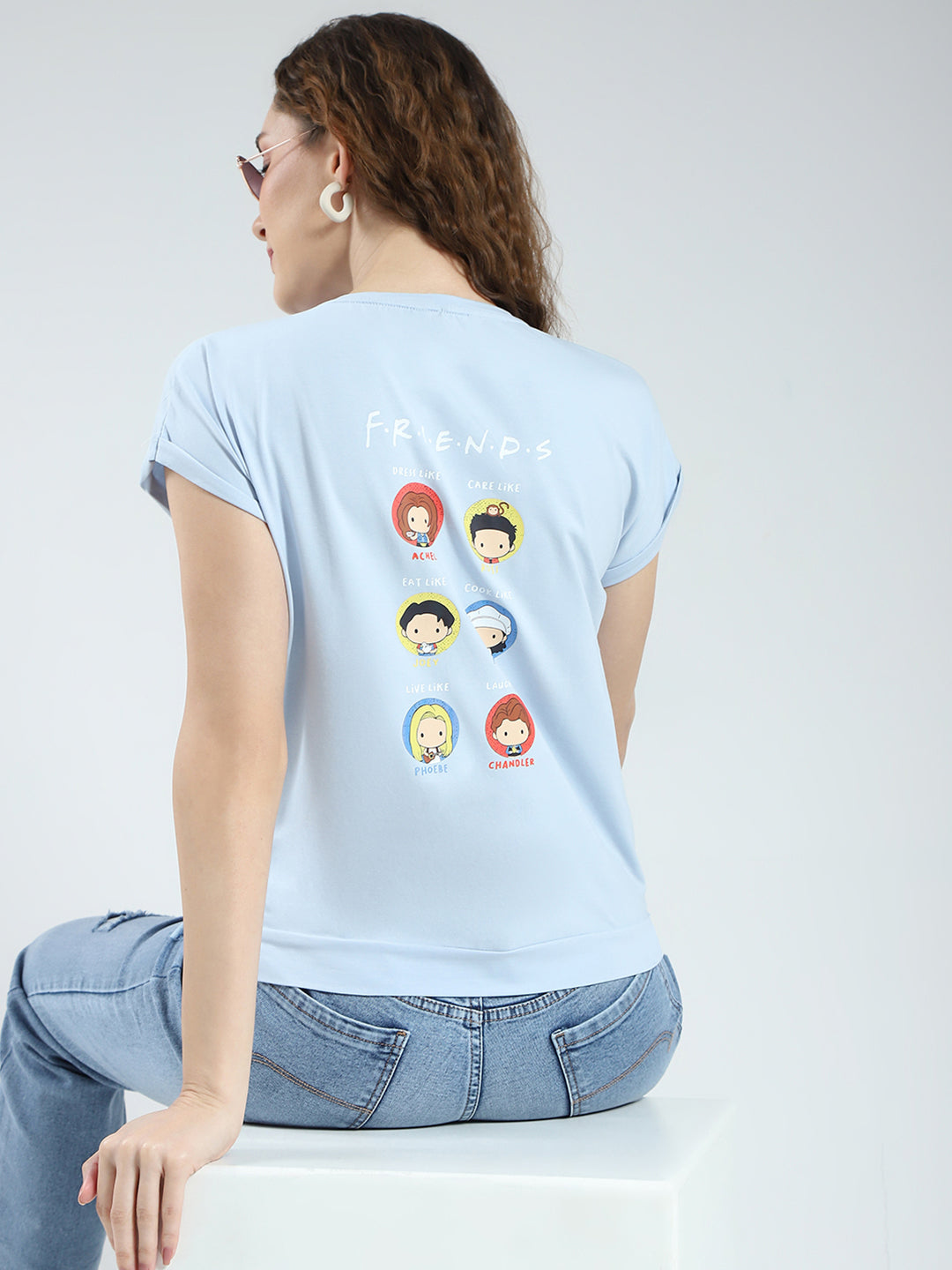 Women Blue Printed Round Neck Half Sleeve Top