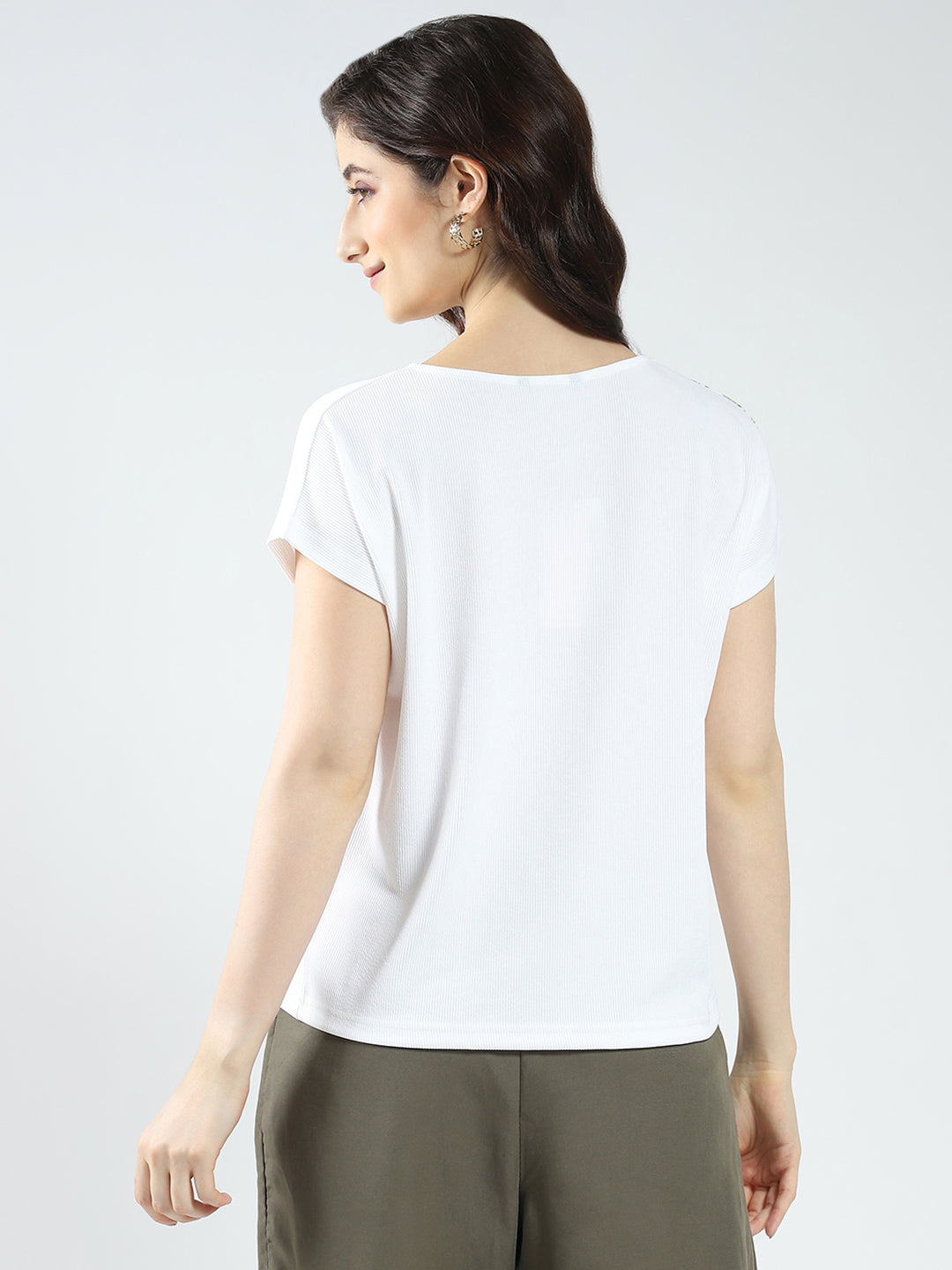 Women Off White Printed Round Neck Half Sleeve Top