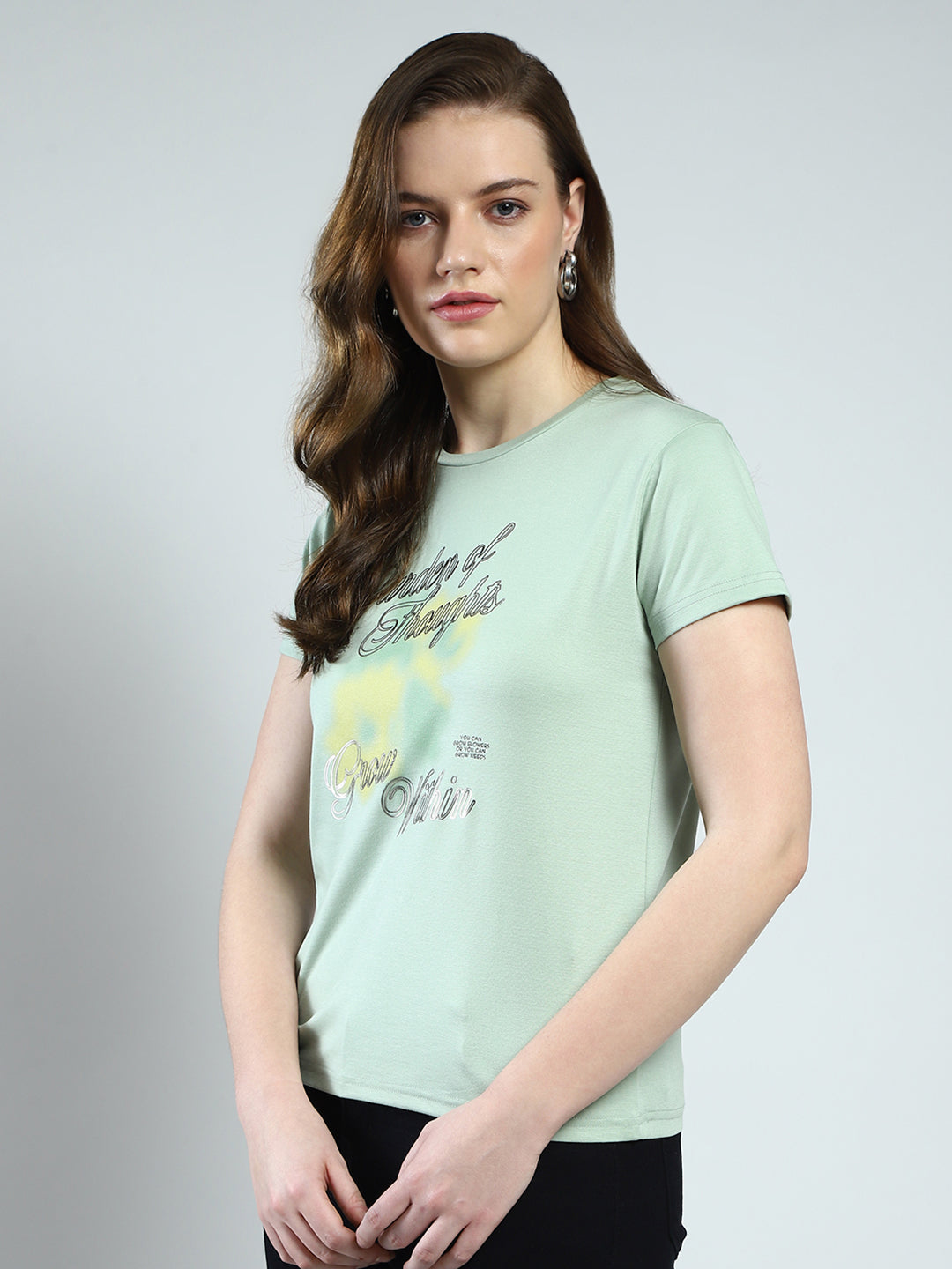 Women Green Printed Round Neck Half Sleeve Top