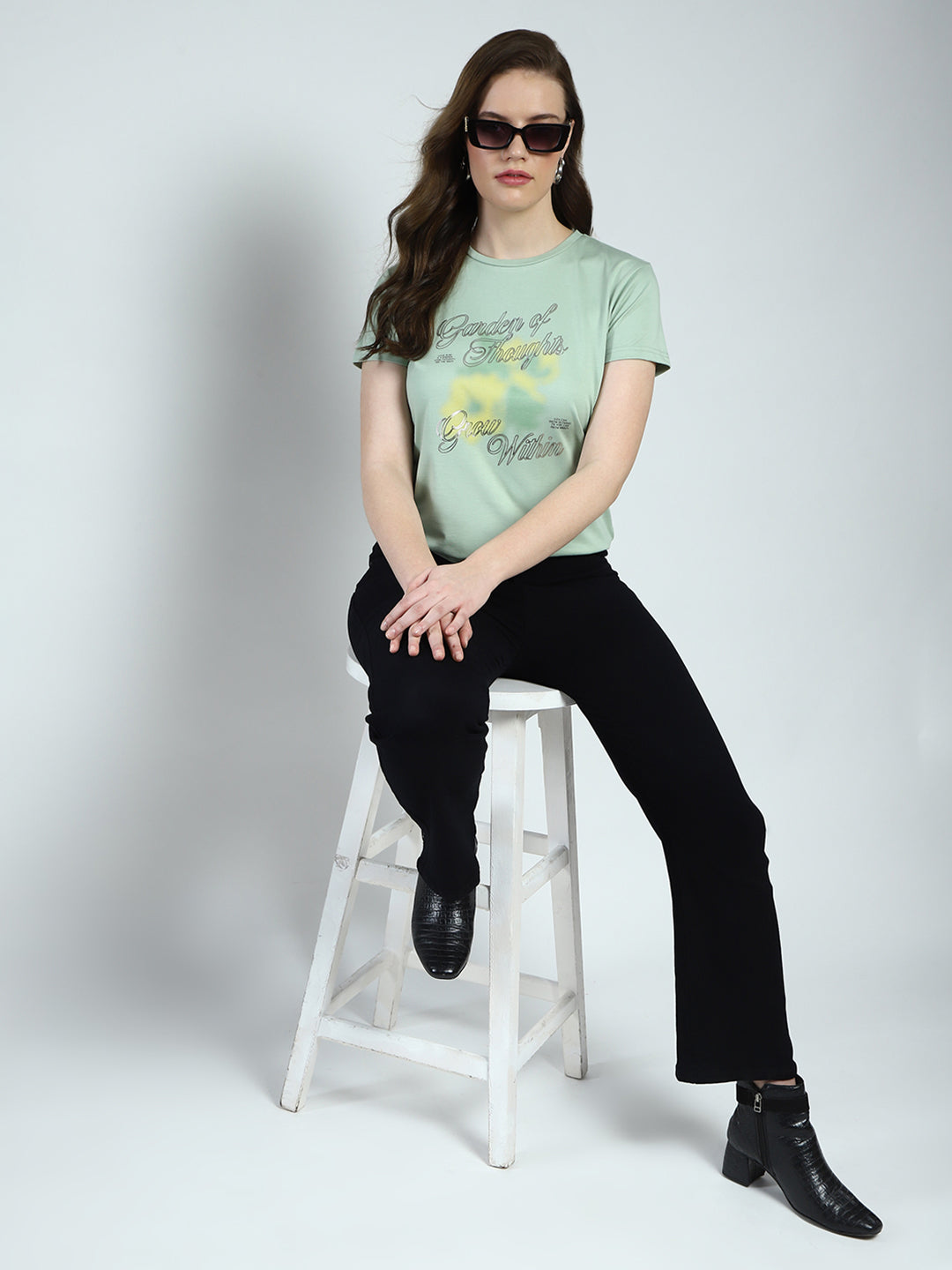 Women Green Printed Round Neck Half Sleeve Top