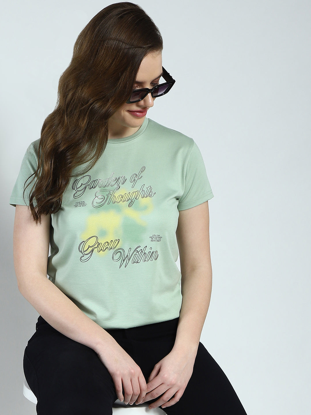 Women Green Printed Round Neck Half Sleeve Top