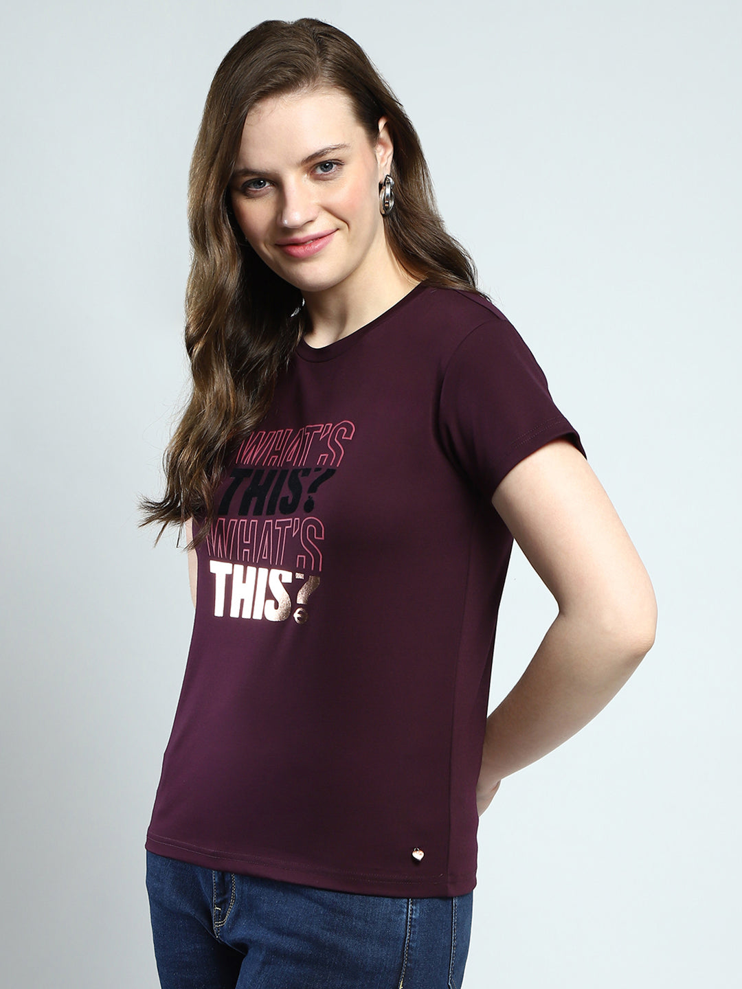 Women Maroon Printed Round Neck Half Sleeve Top