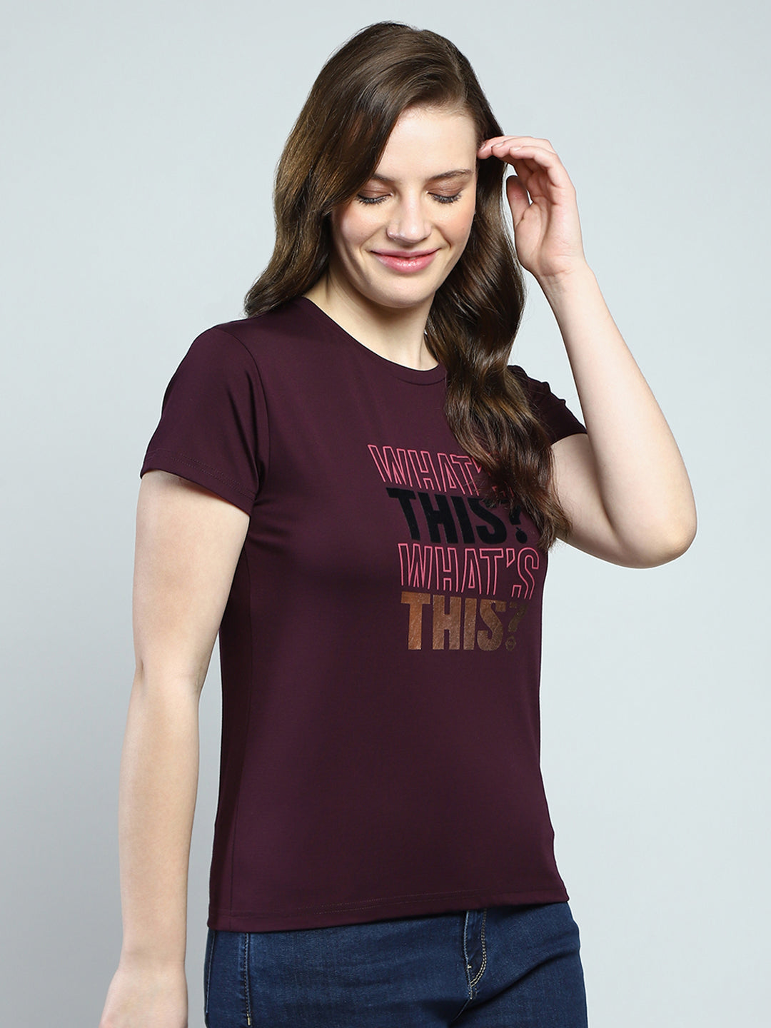 Women Maroon Printed Round Neck Half Sleeve Top