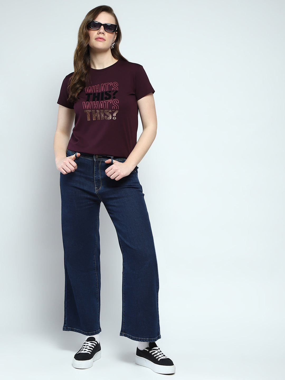 Women Maroon Printed Round Neck Half Sleeve Top