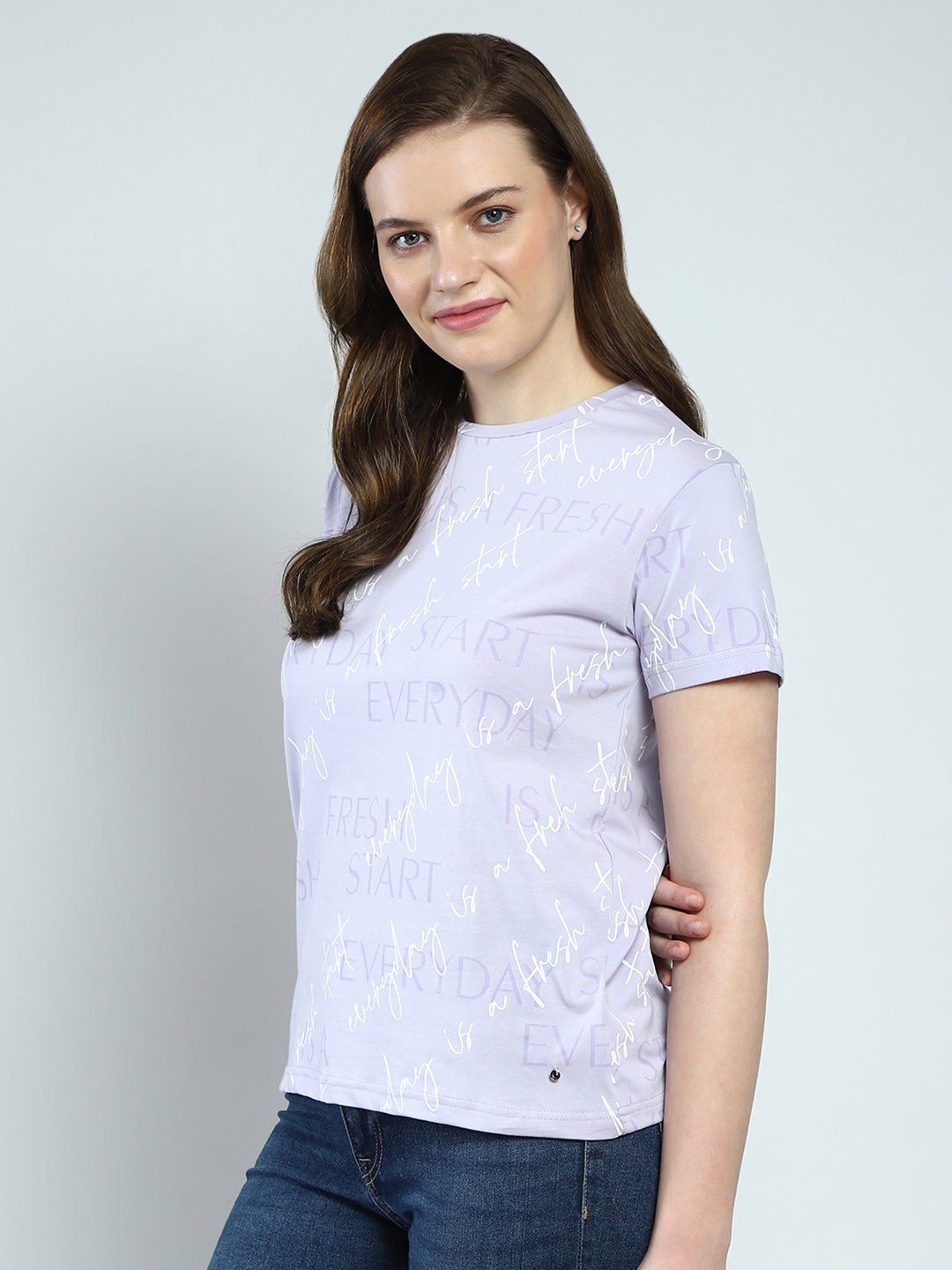 Women Purple Printed Round Neck Half Sleeve Top