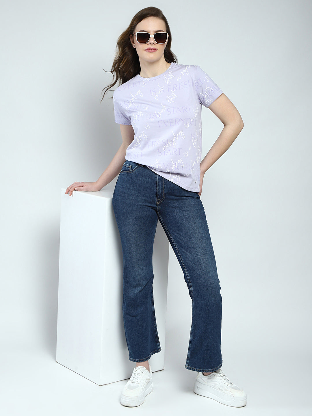 Women Purple Printed Round Neck Half Sleeve Top