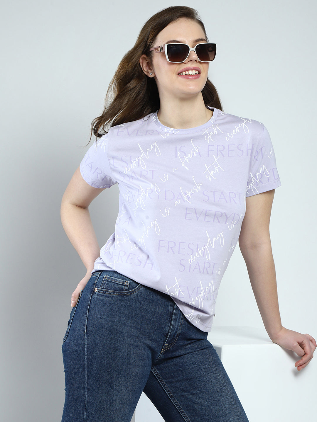 Women Purple Printed Round Neck Half Sleeve Top