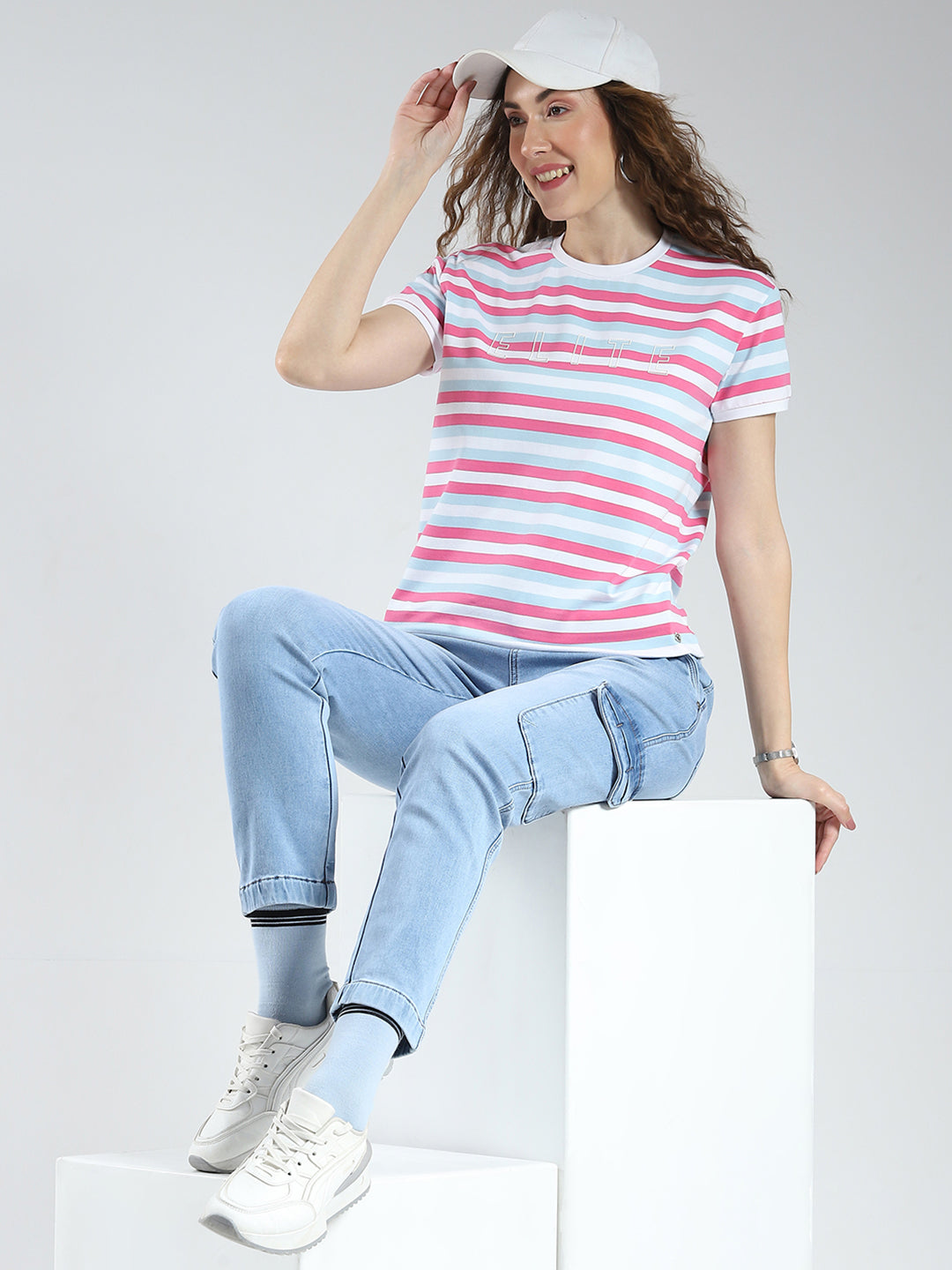 Women Pink Stripe Round Neck Half Sleeve Top