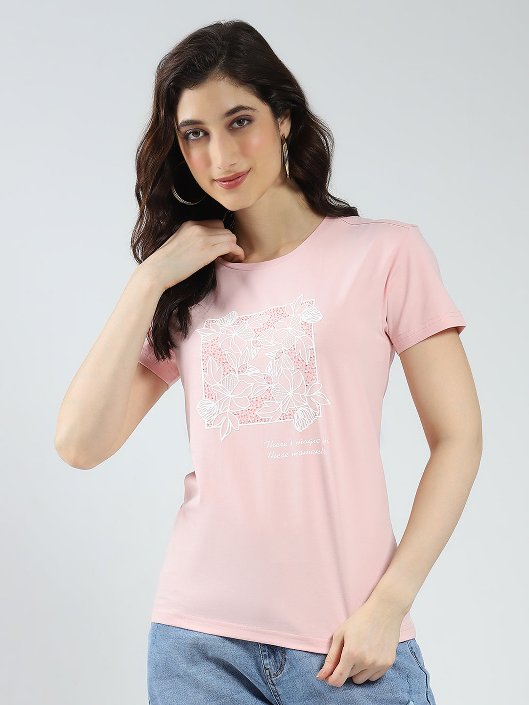Women Pink Printed Round Neck Half Sleeve Top