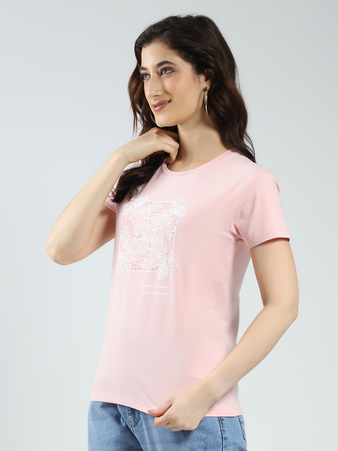 Women Pink Printed Round Neck Half Sleeve Top