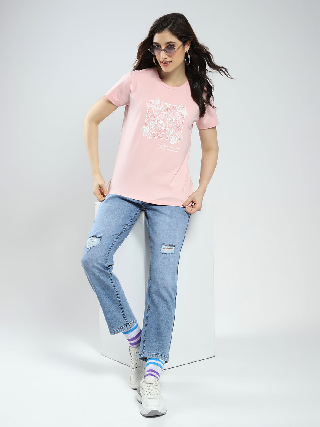 Women Pink Printed Round Neck Half Sleeve Top