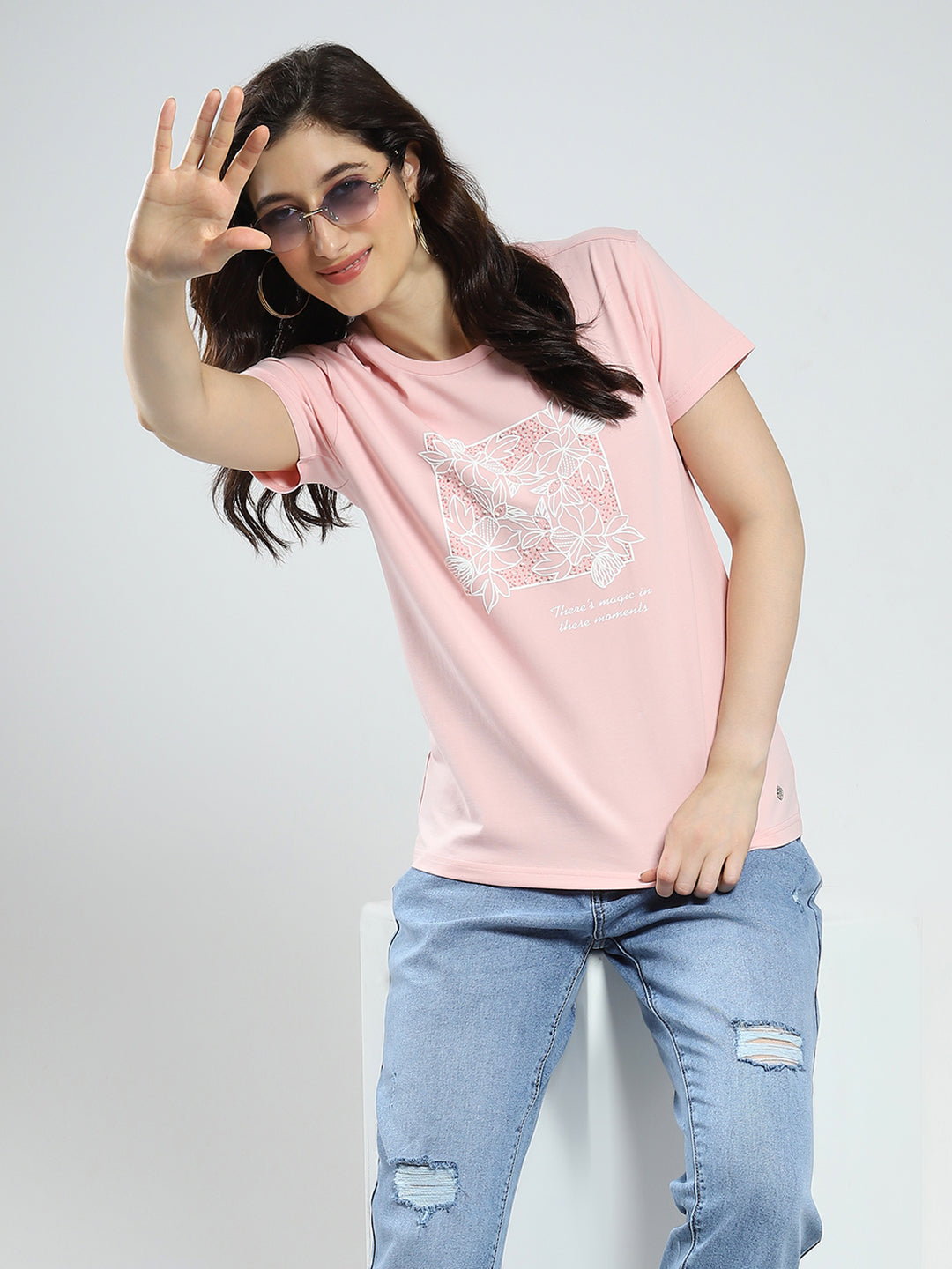 Women Pink Printed Round Neck Half Sleeve Top