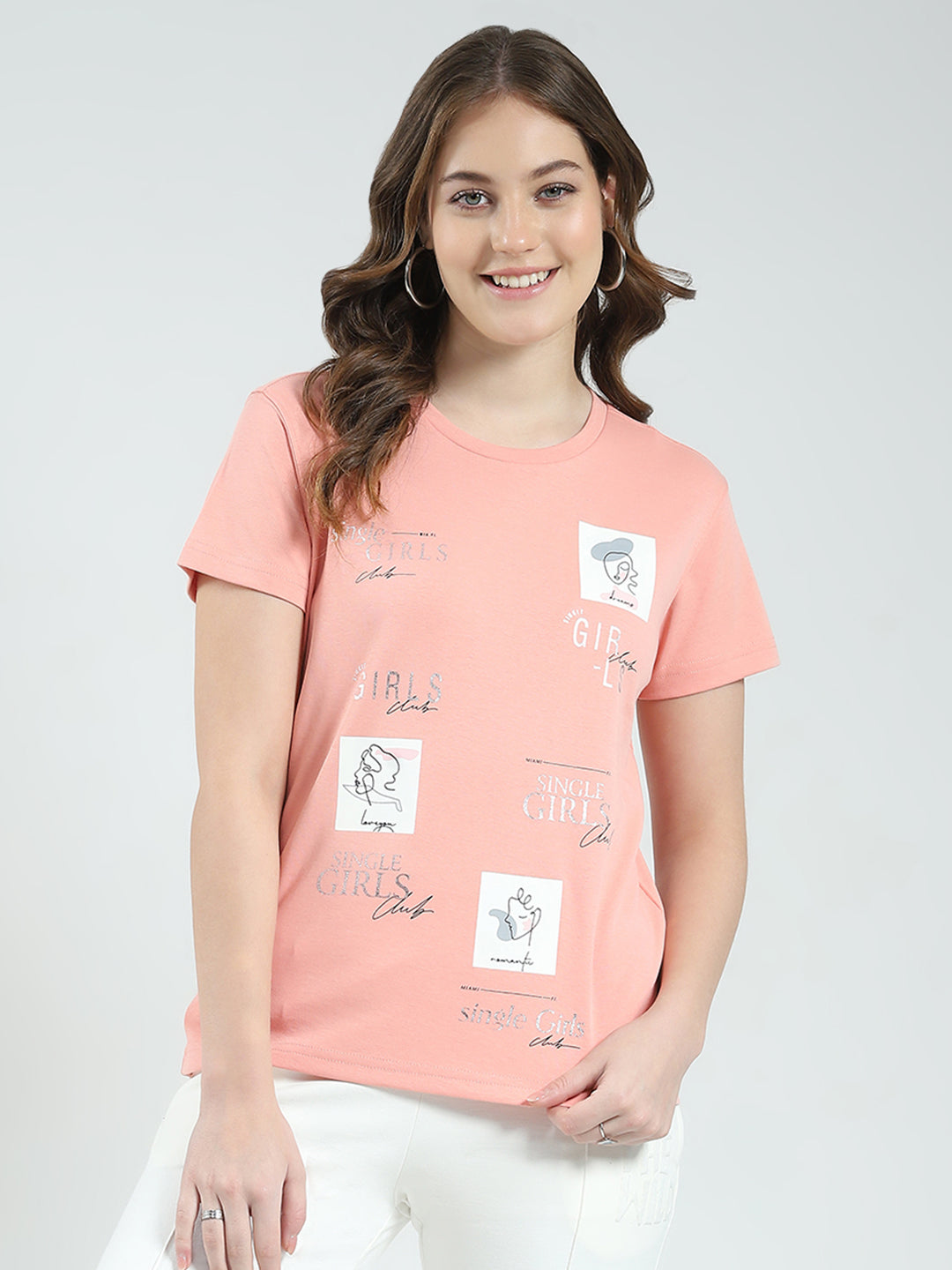 Women Peach Printed Round Neck Half Sleeve Top
