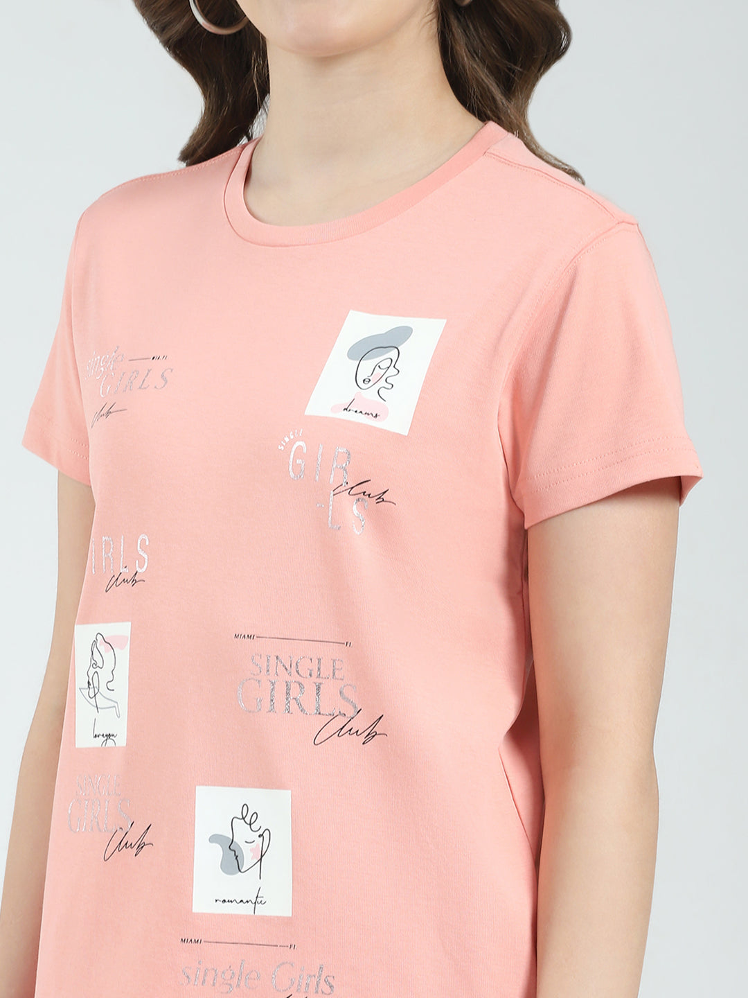 Women Peach Printed Round Neck Half Sleeve Top