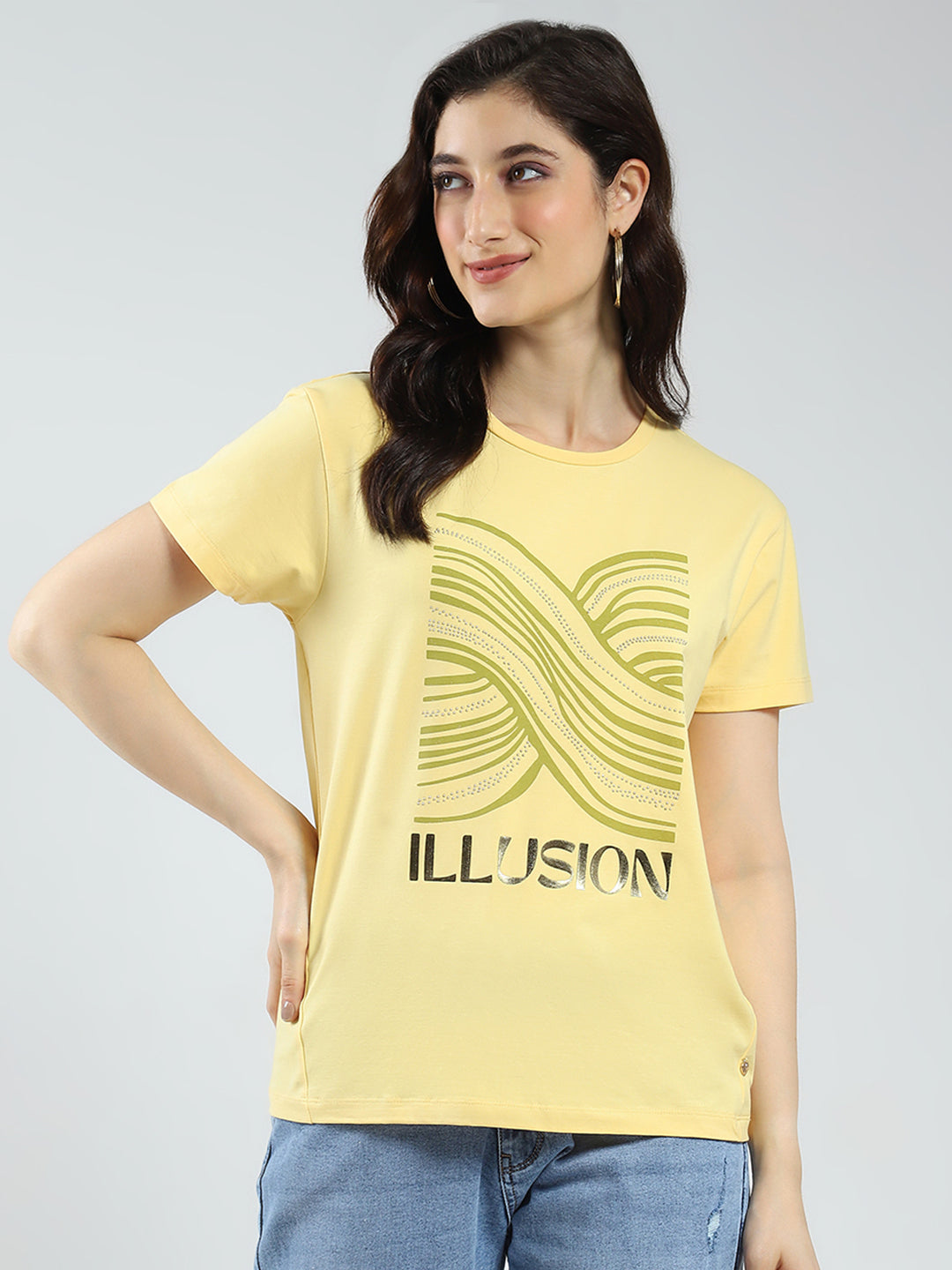Women Yellow Printed Round Neck Half Sleeve Top