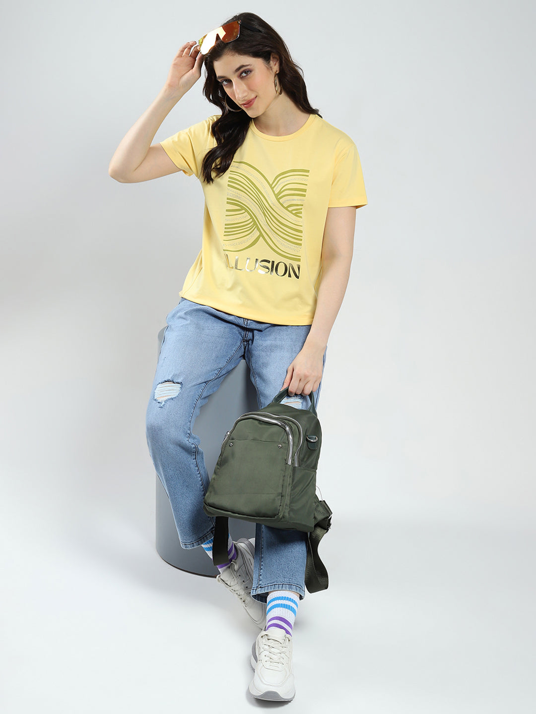 Women Yellow Printed Round Neck Half Sleeve Top